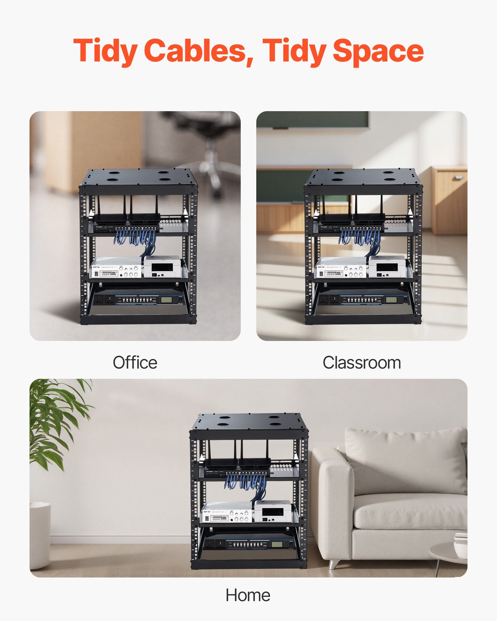 Desktops & Accessories: VEVOR 12U Open Frame Network Rack, 585 mm Depth, Wall Mounted or Floor Standing Server Rack, Heavy Duty 4 Post, with Vented Shelves & Mounting Hardware, Holds All Your Networking IT Equipment AV Gear