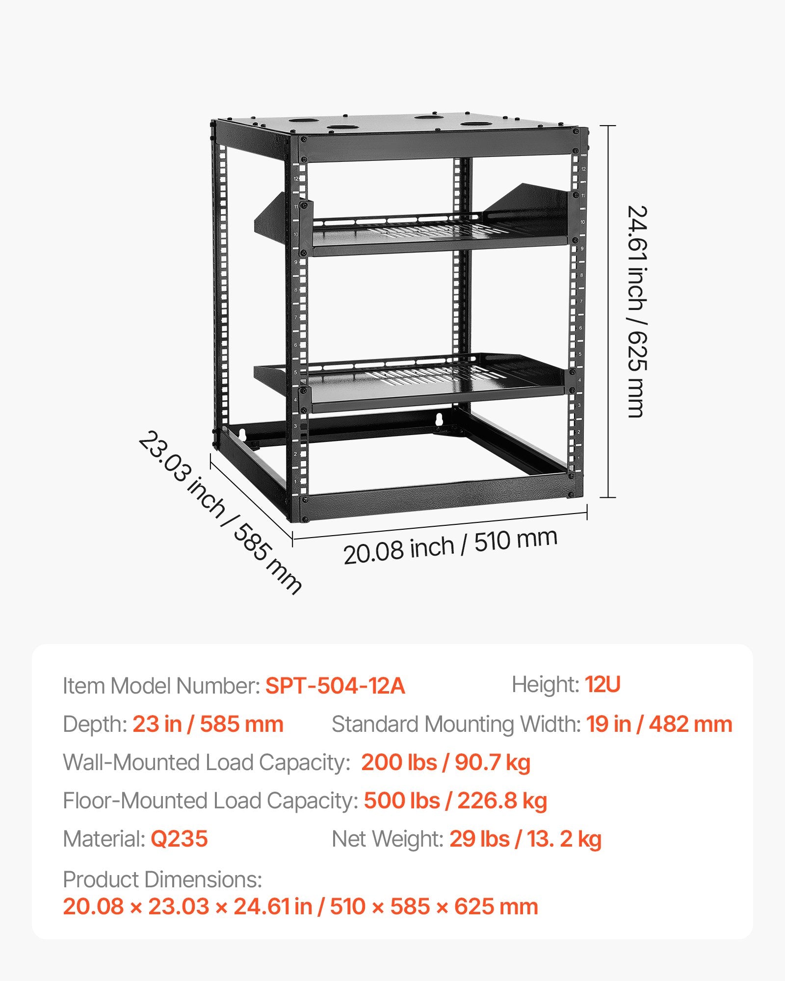 Desktops & Accessories: VEVOR 12U Open Frame Network Rack, 585 mm Depth, Wall Mounted or Floor Standing Server Rack, Heavy Duty 4 Post, with Vented Shelves & Mounting Hardware, Holds All Your Networking IT Equipment AV Gear