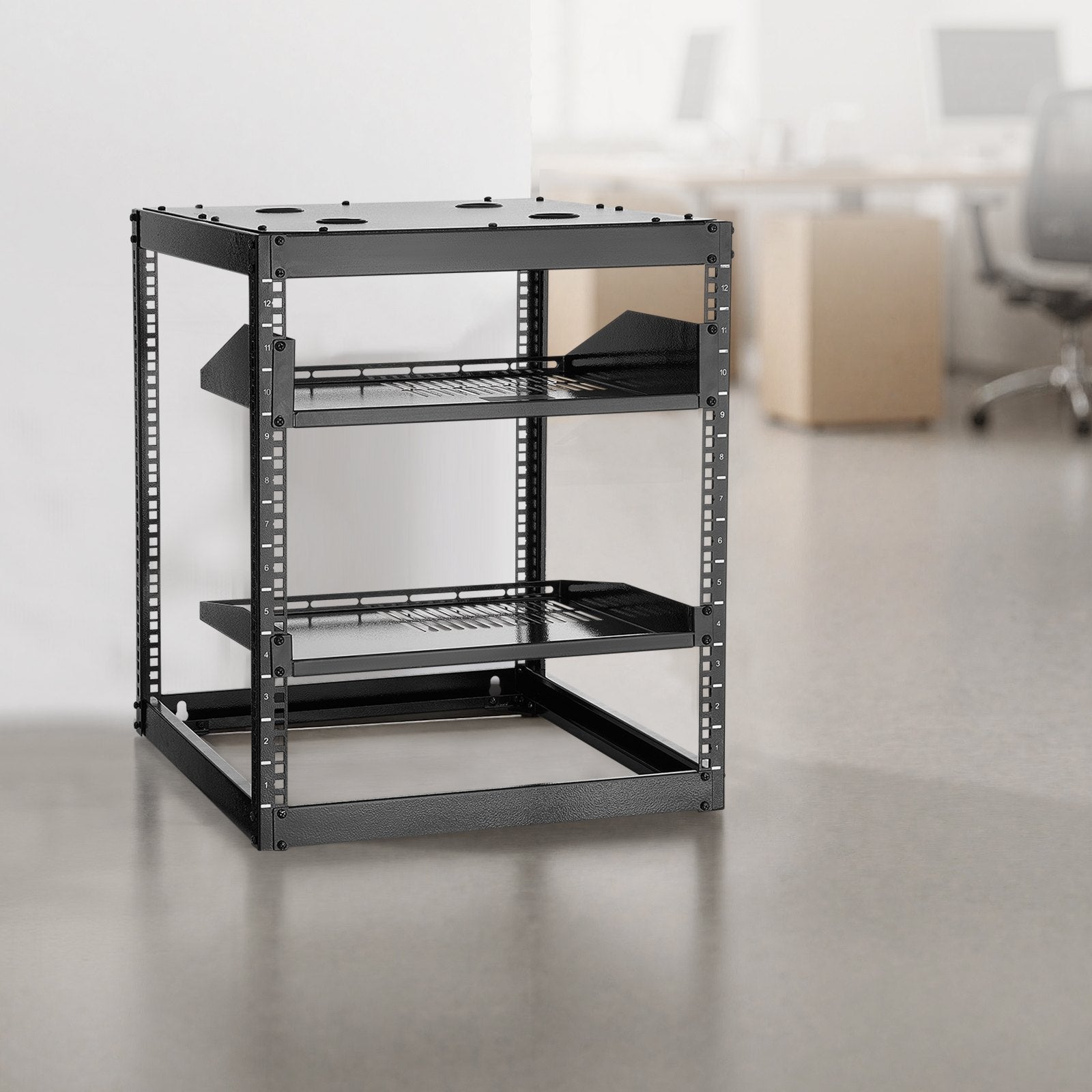 Desktops & Accessories: VEVOR 12U Open Frame Network Rack, 585 mm Depth, Wall Mounted or Floor Standing Server Rack, Heavy Duty 4 Post, with Vented Shelves & Mounting Hardware, Holds All Your Networking IT Equipment AV Gear