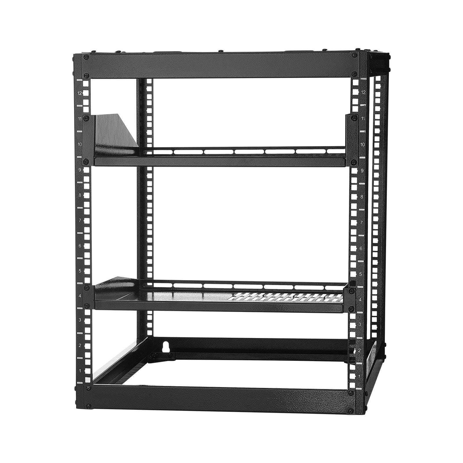 Desktops & Accessories: VEVOR 12U Open Frame Network Rack, 585 mm Depth, Wall Mounted or Floor Standing Server Rack, Heavy Duty 4 Post, with Vented Shelves & Mounting Hardware, Holds All Your Networking IT Equipment AV Gear