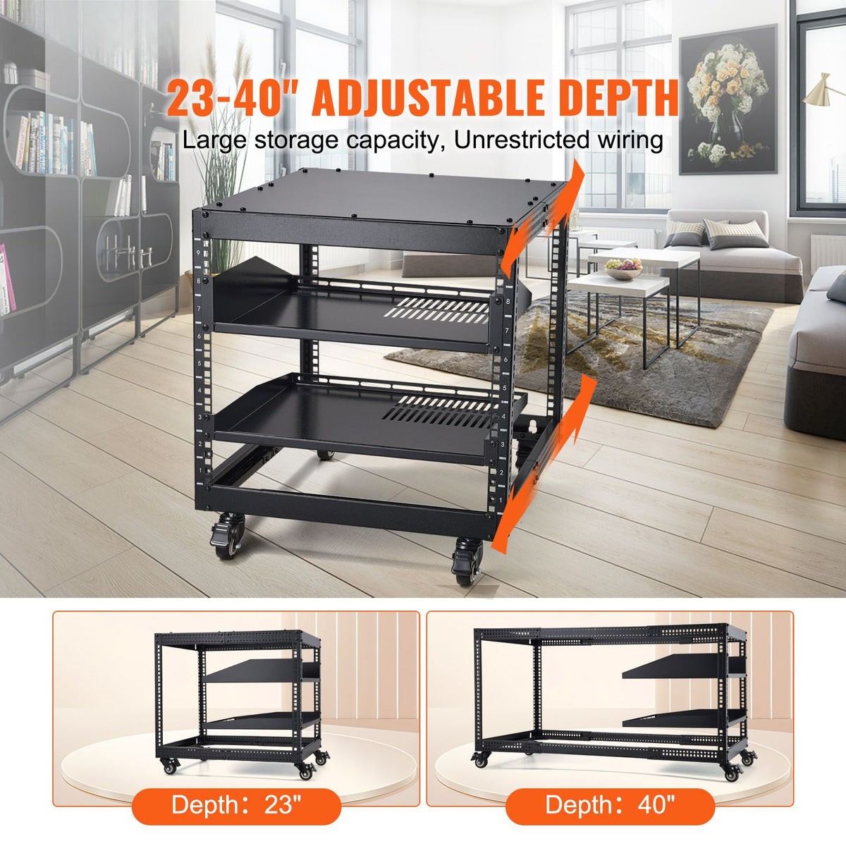 9U Open Frame Server Rack, 584.2 to 1016 mm Adjustable Depth, Free Standing or Wall Mount Network Server Rack with 360° Casters, Heavy Duty 4 Post Holds All Your Networking IT Equipment AV Gear