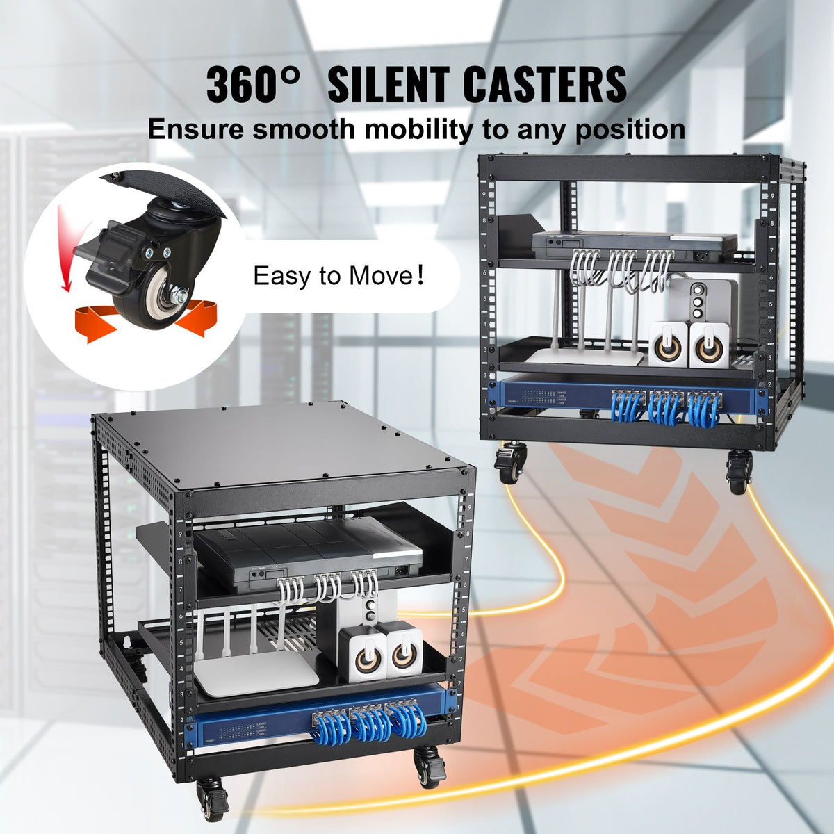 9U Open Frame Server Rack, 584.2 to 1016 mm Adjustable Depth, Free Standing or Wall Mount Network Server Rack with 360° Casters, Heavy Duty 4 Post Holds All Your Networking IT Equipment AV Gear