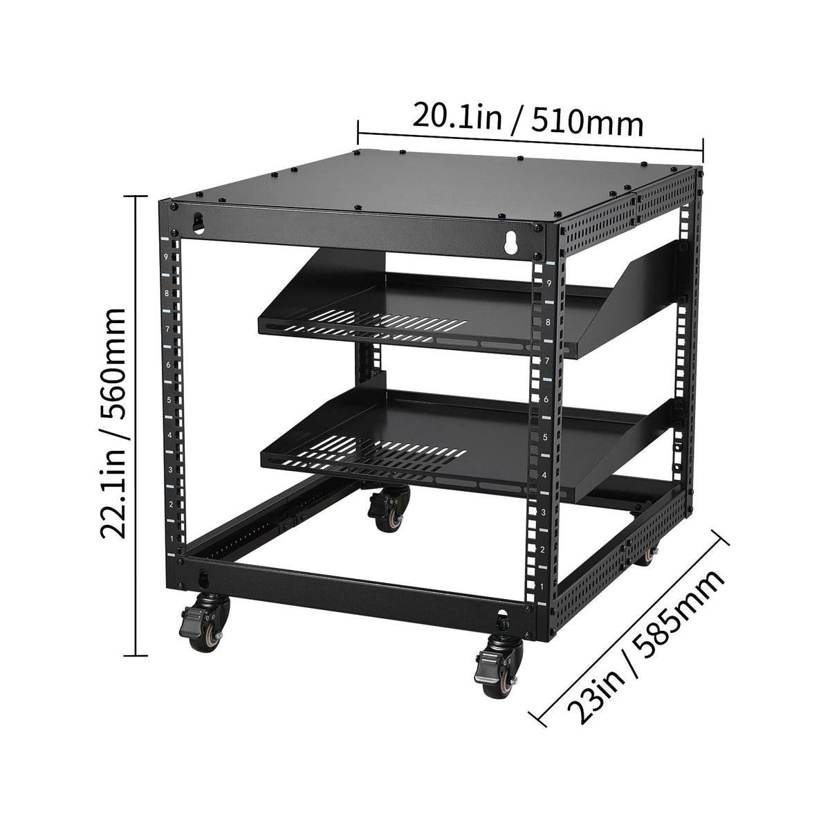 9U Open Frame Server Rack, 584.2 to 1016 mm Adjustable Depth, Free Standing or Wall Mount Network Server Rack with 360° Casters, Heavy Duty 4 Post Holds All Your Networking IT Equipment AV Gear