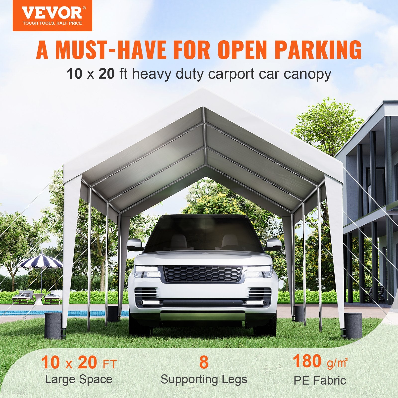 Canopies & Gazebos: VEVOR Carport Car Canopy Garage Shelter Tent 10x20ft with 8 Poles for Auto Boats