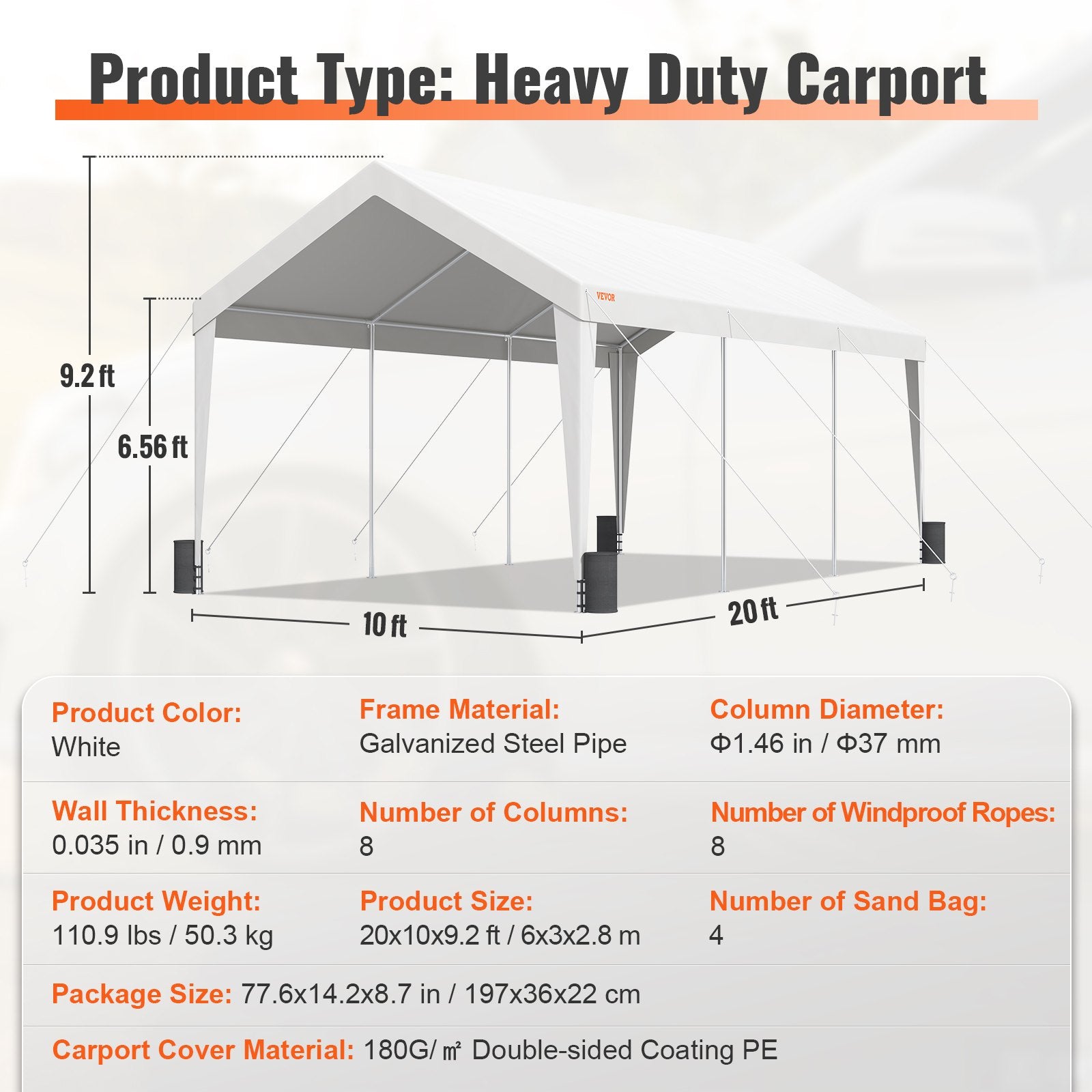 Canopies & Gazebos: VEVOR Carport Car Canopy Garage Shelter Tent 10x20ft with 8 Poles for Auto Boats