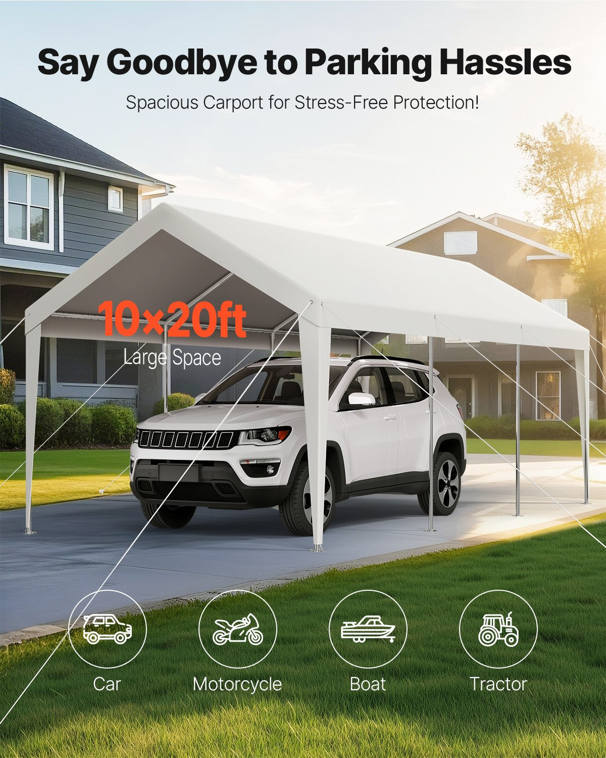 Canopies & Gazebos: VEVOR Carport Car Canopy 10 x 20 FT Heavy Duty Portable Car Shelter Tent White