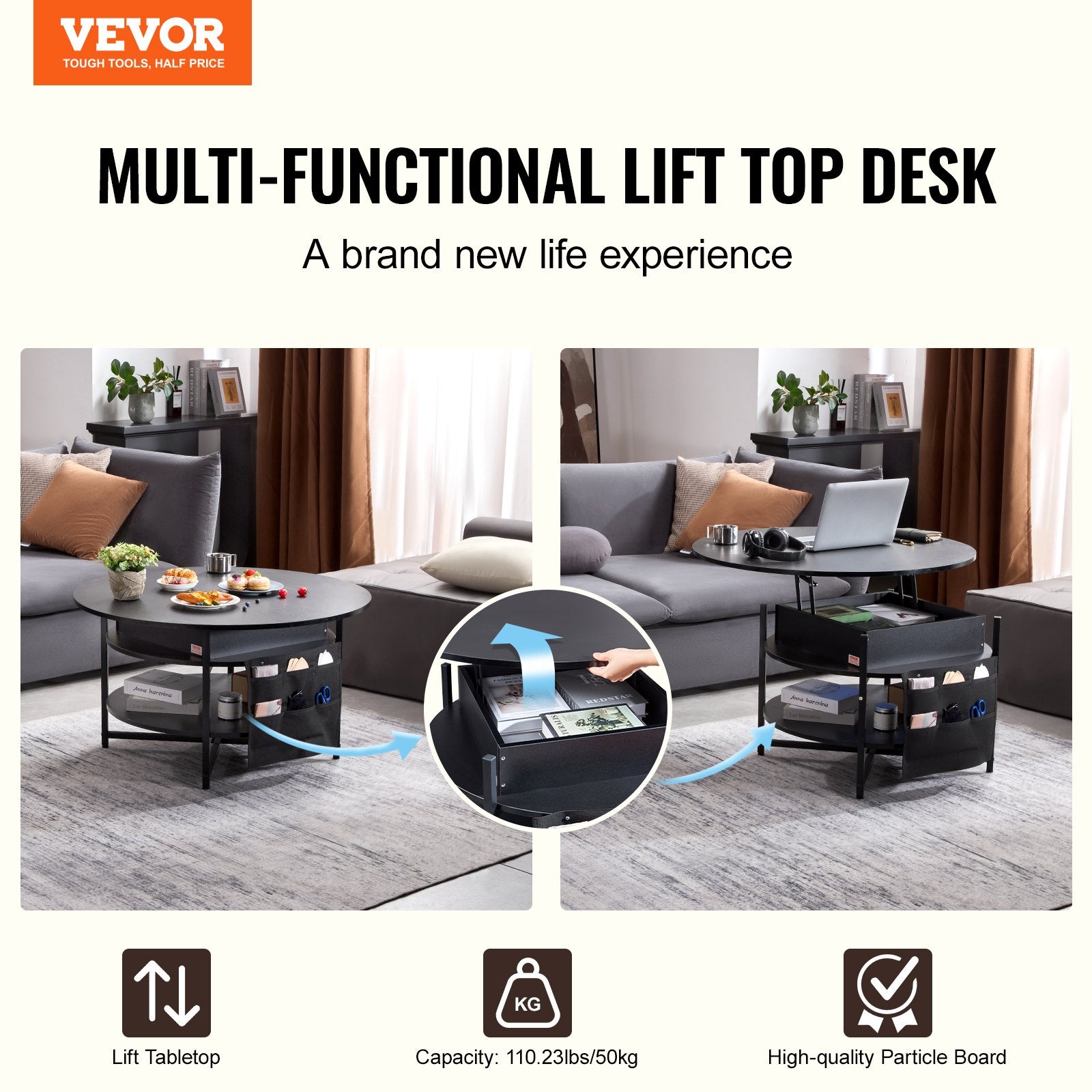 Outdoor Dining Sets: VEVOR Lift Top Coffee Table 35.3" Round Coffee Table for Living Room Black