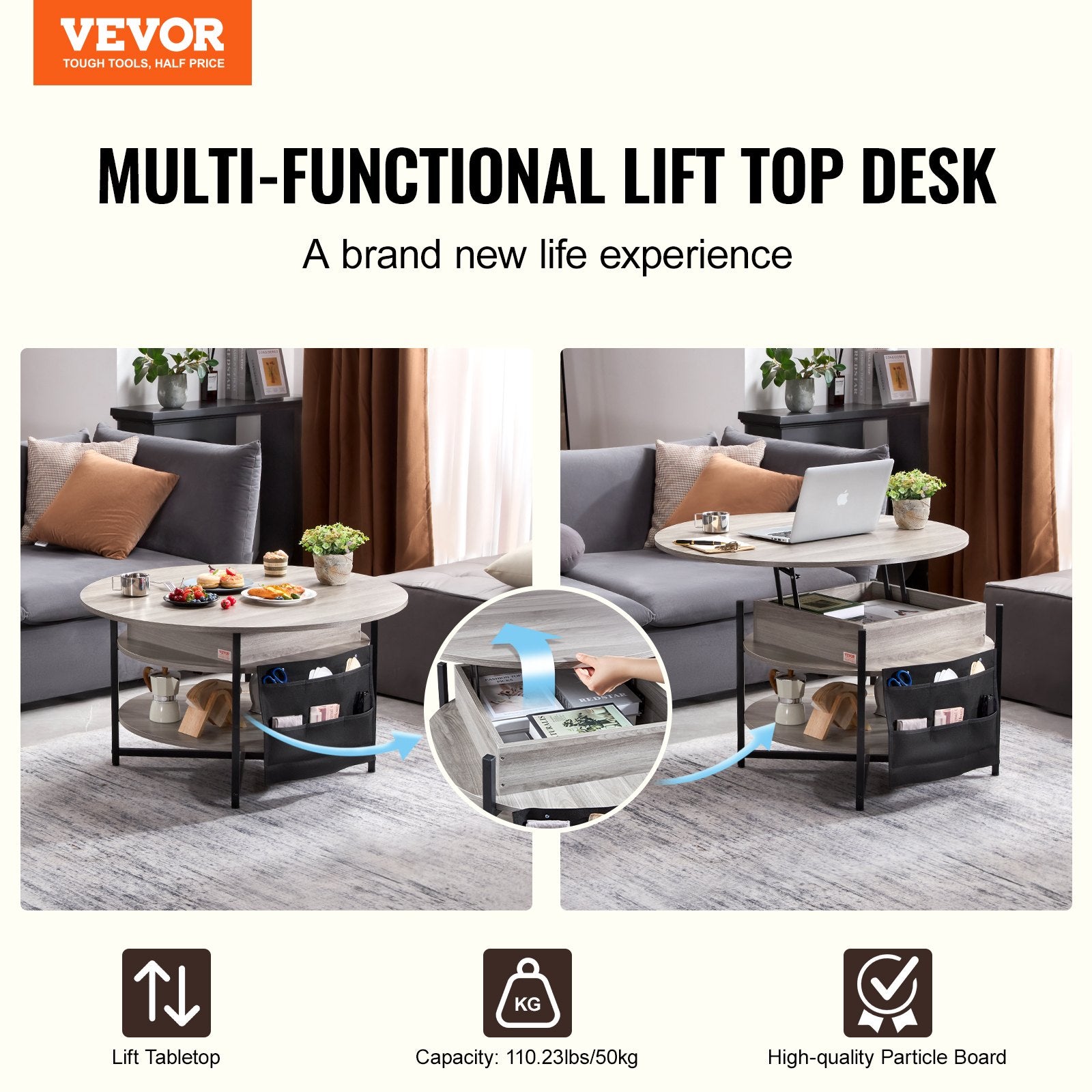 Outdoor Dining Sets: VEVOR Lift Top Coffee Table 35.3" Round Coffee Table for Living Room White