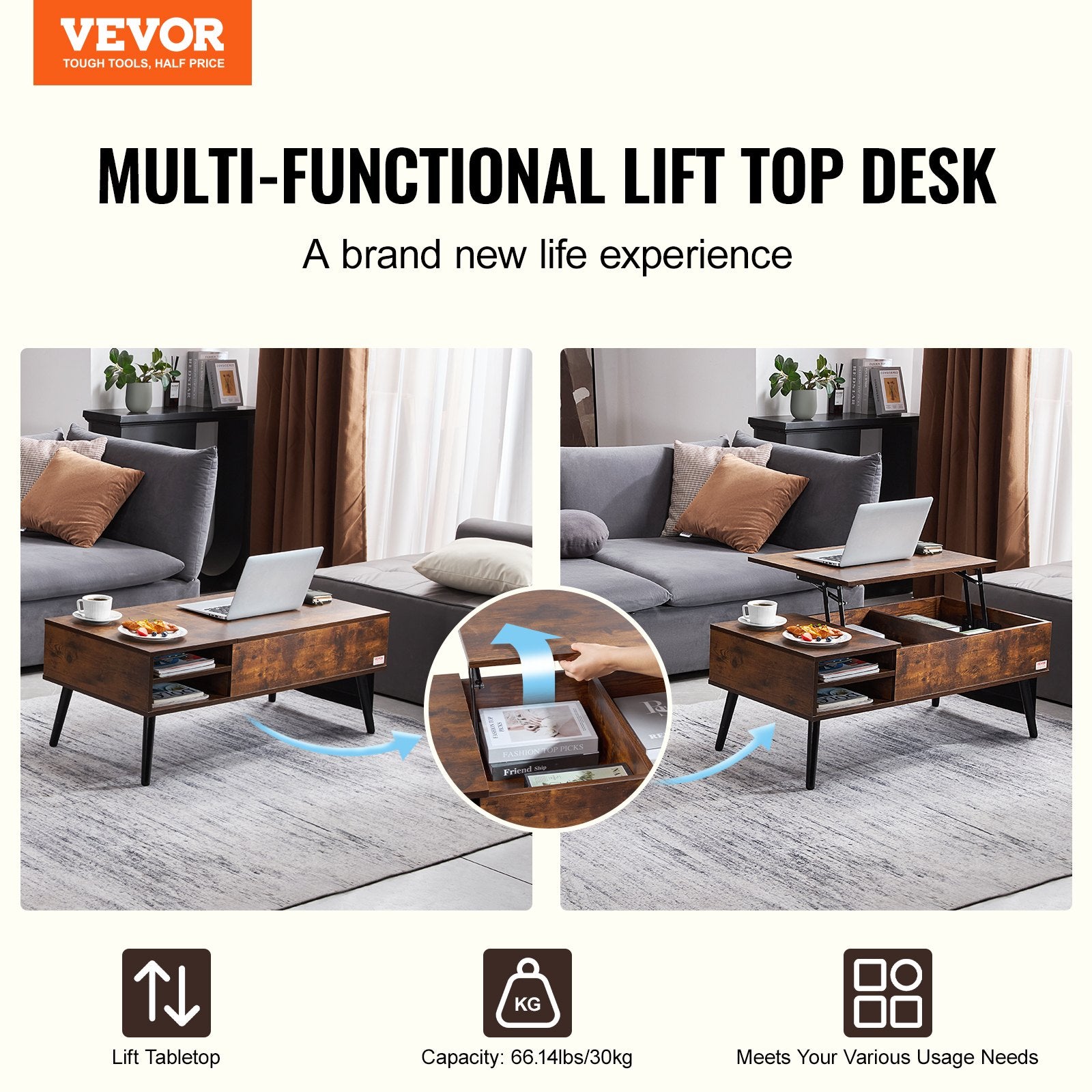 Outdoor Dining Sets: VEVOR Lift Top Coffee Table 39.4 in Rectangle Coffee Table for Living Room Brown