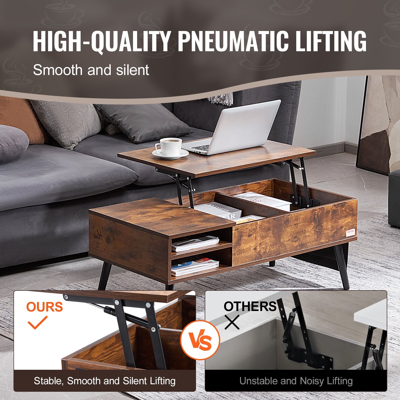 Outdoor Dining Sets: VEVOR Lift Top Coffee Table 39.4 in Rectangle Coffee Table for Living Room Brown