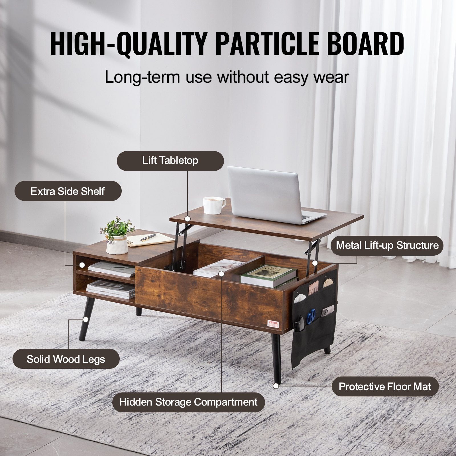 Outdoor Dining Sets: VEVOR Lift Top Coffee Table 39.4 in Rectangle Coffee Table for Living Room Brown