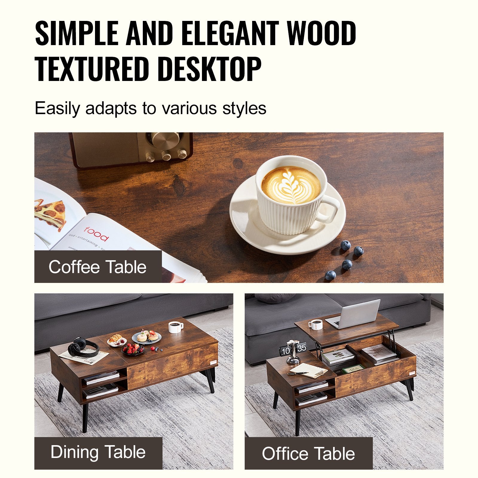 Outdoor Dining Sets: VEVOR Lift Top Coffee Table 39.4 in Rectangle Coffee Table for Living Room Brown