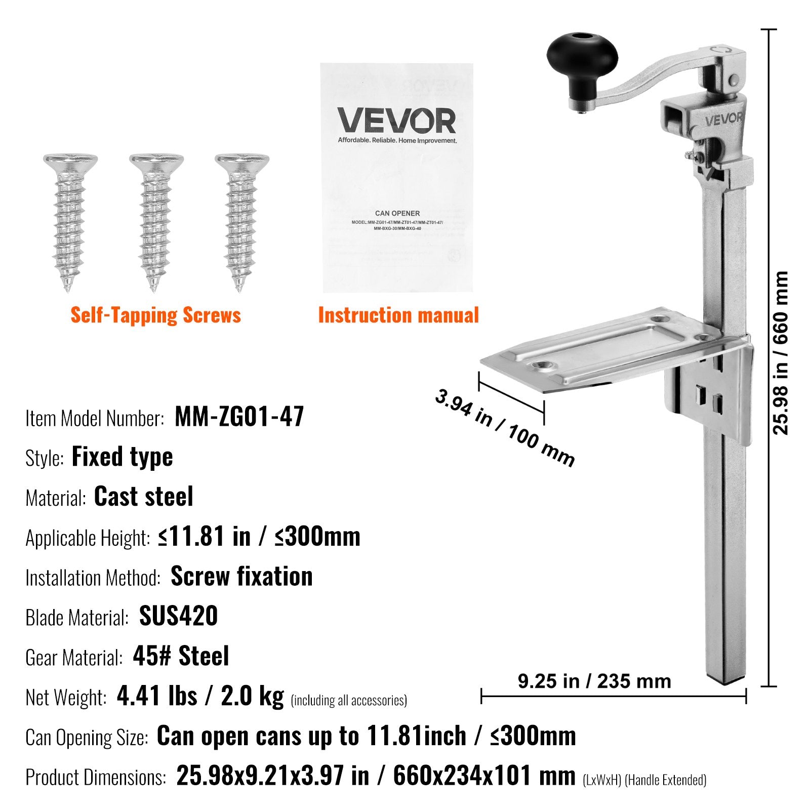 Fence & Gate Accessories: VEVOR Commercial Can Opener, Heavy-Duty Manual Tabletop Cans Opener for Cans Up to 300 mm Height, Height-Adjustable Professional Can Openers Fixed with Screws, for Restaurant, Hotel, and Food Store
