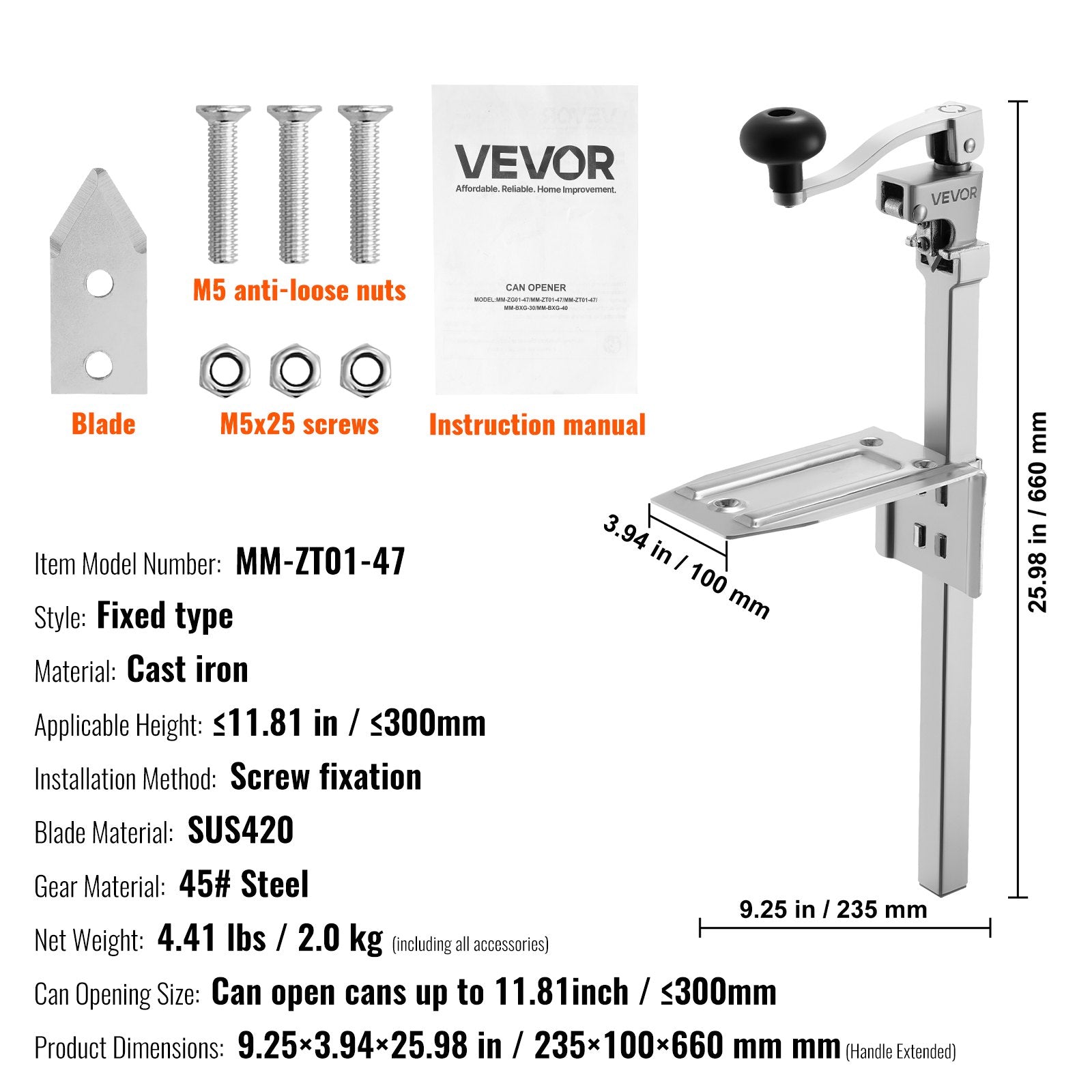 Fence & Gate Accessories: VEVOR Commercial Can Opener, Heavy-Duty Manual Tabletop Cans Opener for Cans Up to 300 mm Height, Height-Adjustable Professional Can Openers with Stainless Steel Blade, for Restaurant & Food Store