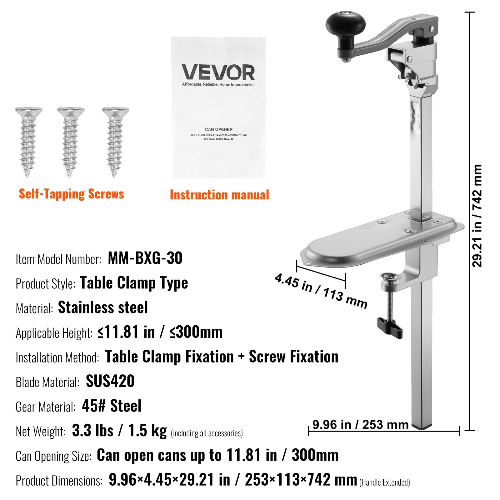 Fence & Gate Accessories: VEVOR Commercial Can Opener, Heavy-Duty Manual Tabletop Cans Opener for Cans Up to 300 mm Height, Height-Adjustable Can Openers Fixed with Screws & Table Clamp, for Restaurant, Hotel, and Food Store