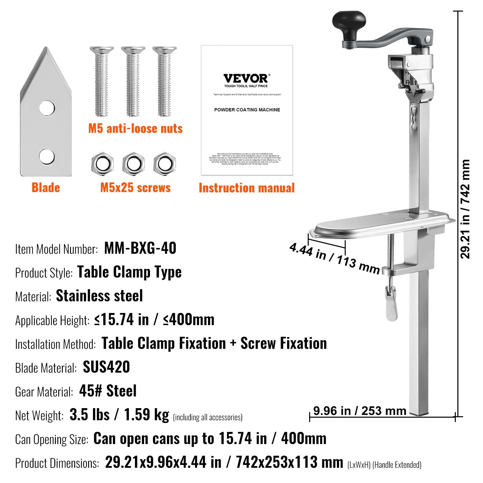Manual Can Opener, Commercial Table Clamp Opener for Large Cans, Heavy Duty Can Opener with Base, Adjustable Height Industrial Jar Opener For Cans Up to 40cm Tall, for Restaurant Hotel Home Bar
