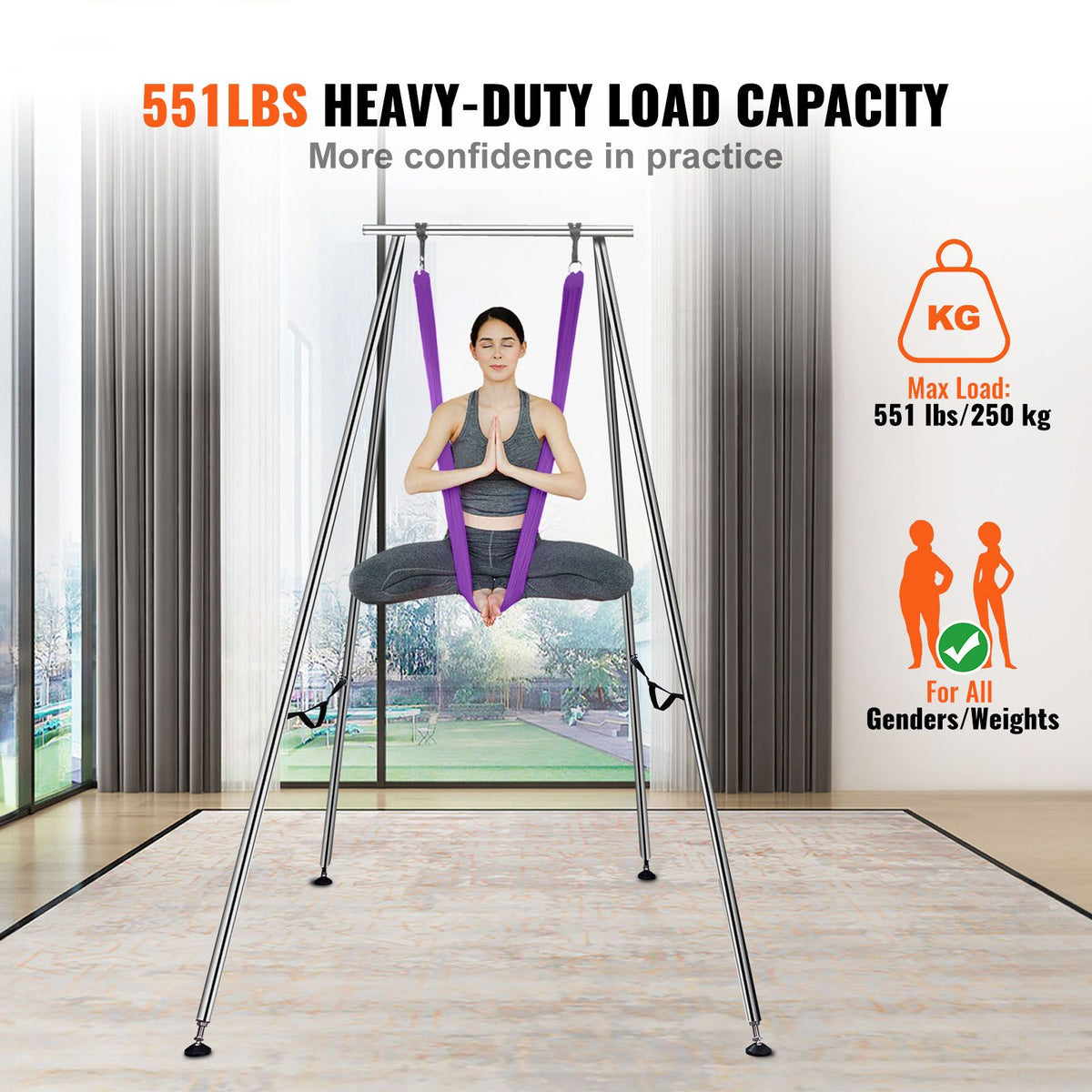 Aerial Yoga Frame & Yoga Hammock, 2950 mm Height Professional Yoga Swing Stand Comes with 12 m Length Aerial Hammock, Max 250 kg Load Capacity Yoga Rig for Indoor Outdoor Aerial Yoga, Purple