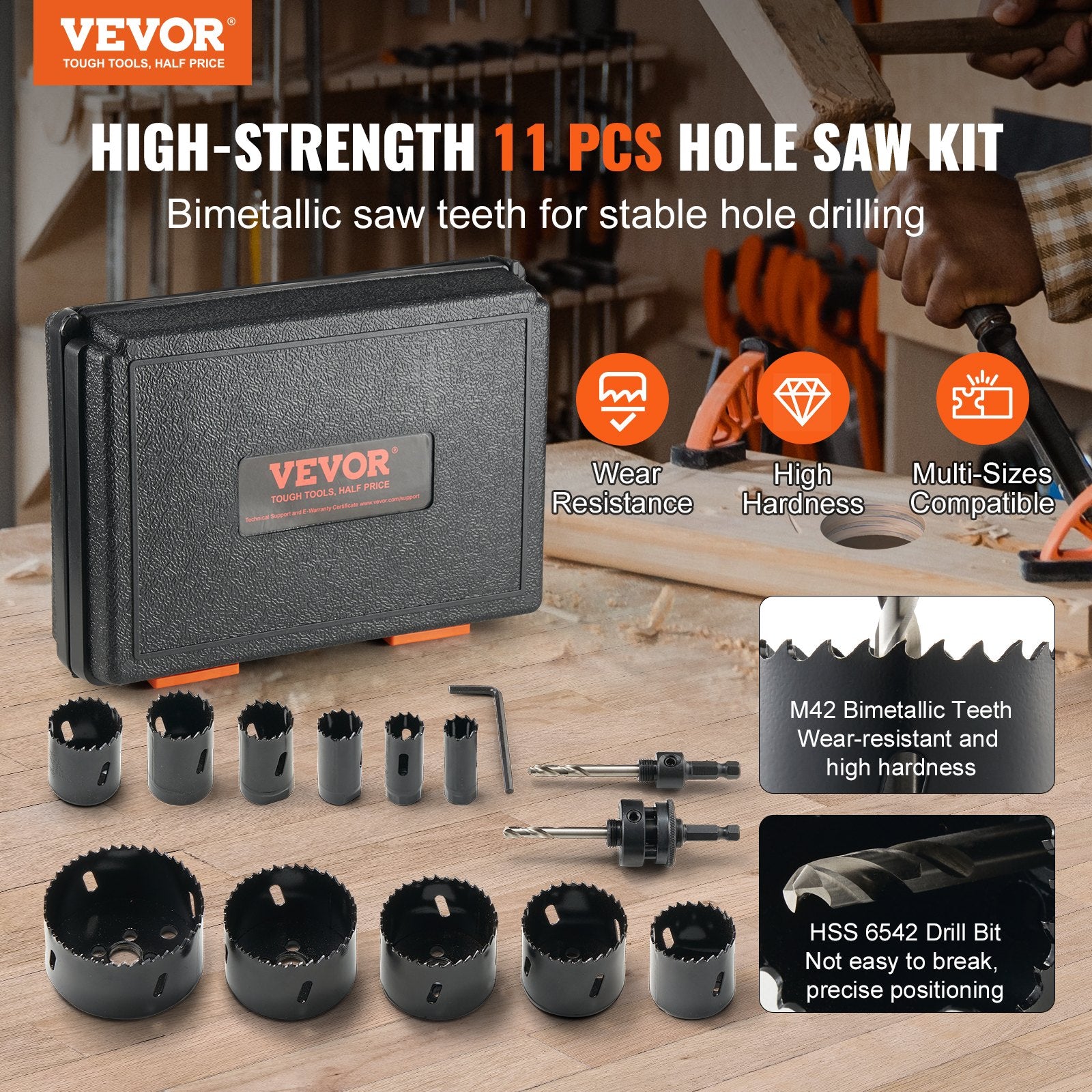Saw Accessories: VEVOR Hole Saw Kit, 11 PCS Saw Blades, 2 Drill Bits, 1 Hex Wrench, Bi Metal M42 Hole Saw Set with Carrying Case, General Purpose Size from 3/4" to 3", Ideal for Wood Board, Iron and Plastic Plate