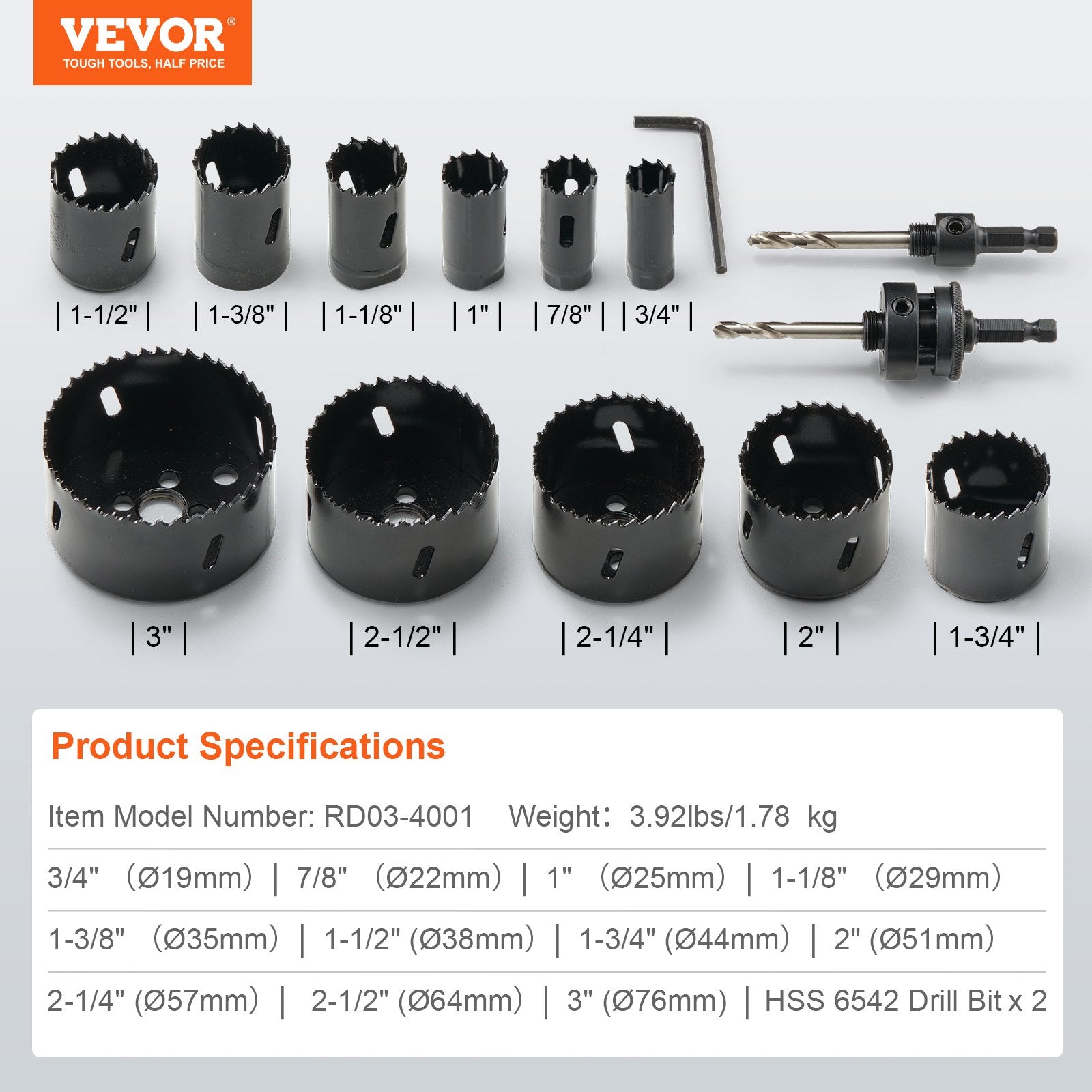 Saw Accessories: VEVOR Hole Saw Kit, 11 PCS Saw Blades, 2 Drill Bits, 1 Hex Wrench, Bi Metal M42 Hole Saw Set with Carrying Case, General Purpose Size from 3/4" to 3", Ideal for Wood Board, Iron and Plastic Plate