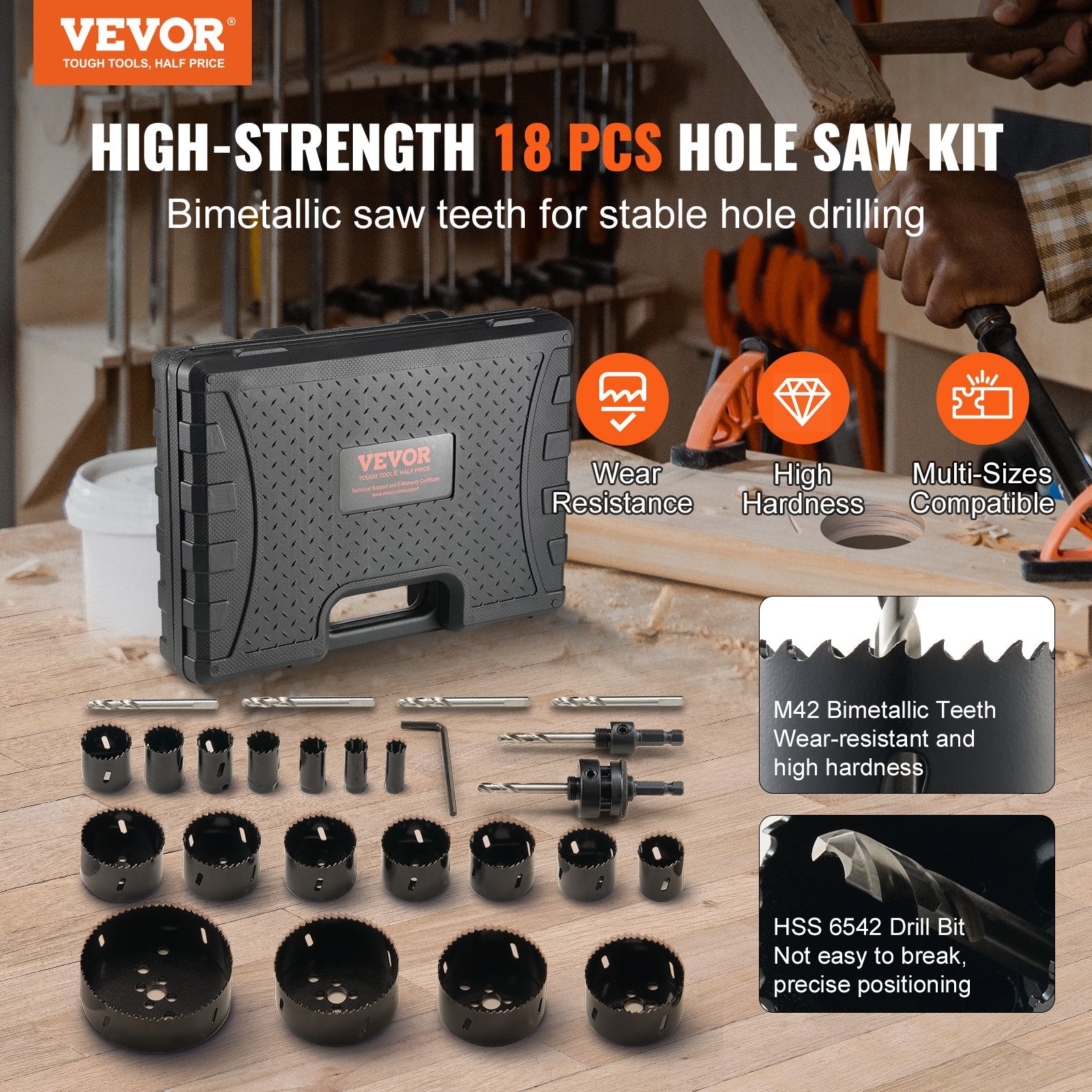 Hole Saw Kit, 18 PCS Saw Blades, 6 Drill Bits, 1 Hex Wrench, Bi Metal M42 Hole Saw Set with Carrying Case, General Purpose Size from 3/4" to 4-1/2", Ideal for Wood Board, Iron and Plastic Plate