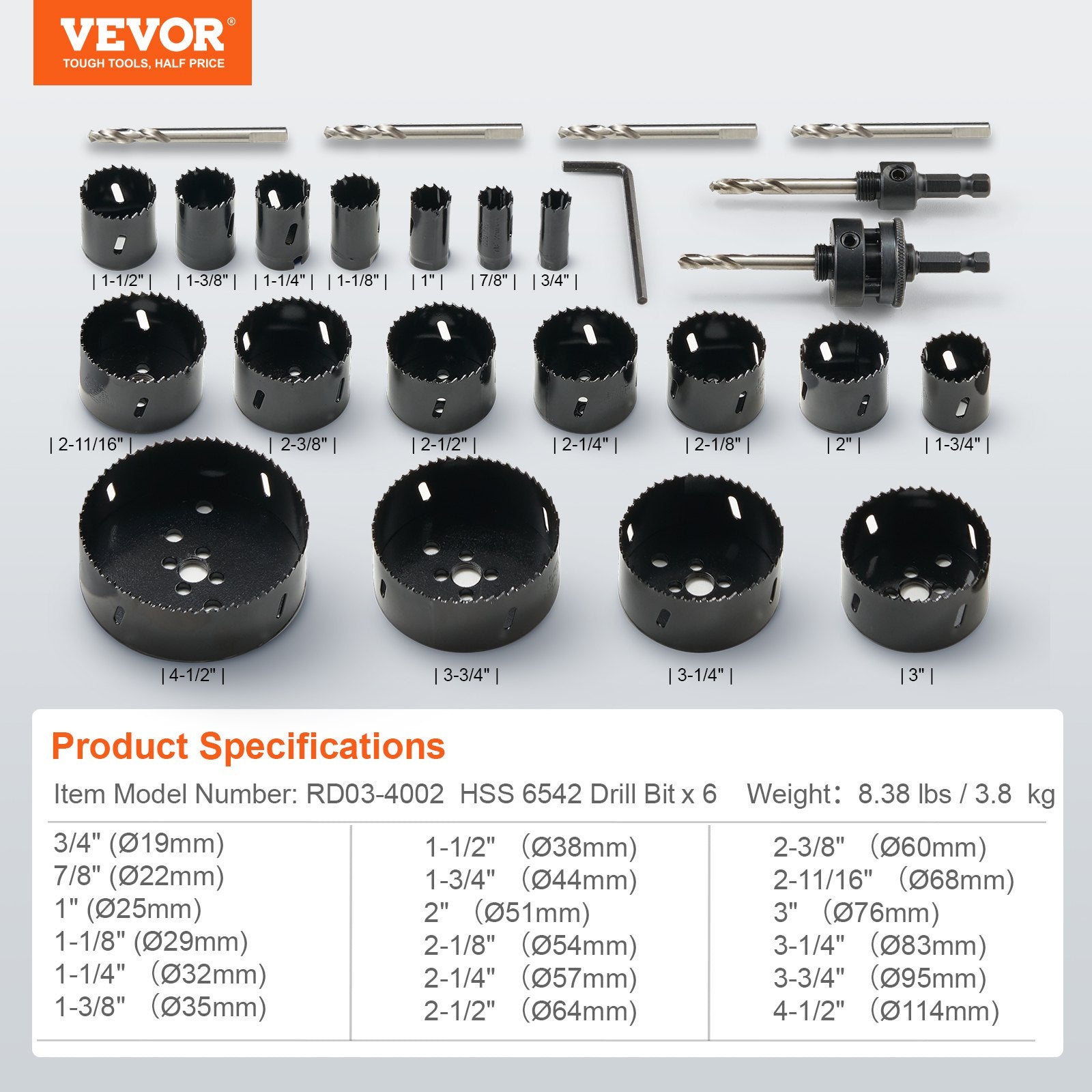Hole Saw Kit, 18 PCS Saw Blades, 6 Drill Bits, 1 Hex Wrench, Bi Metal M42 Hole Saw Set with Carrying Case, General Purpose Size from 3/4" to 4-1/2", Ideal for Wood Board, Iron and Plastic Plate