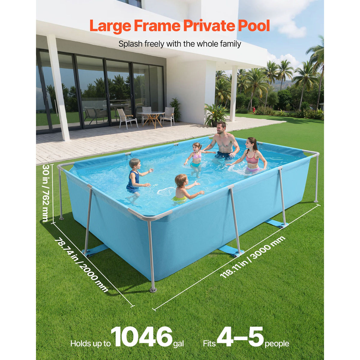 Frame Above Ground Swimming Pool, 3 x 2 x 0.762 m Rectangular Steel Metal Frame, Large Rectangle Outdoor Backyard Family Pool, Easy to Assemble Rust-Resistant, 3959.54 L Water Capacity, Blue