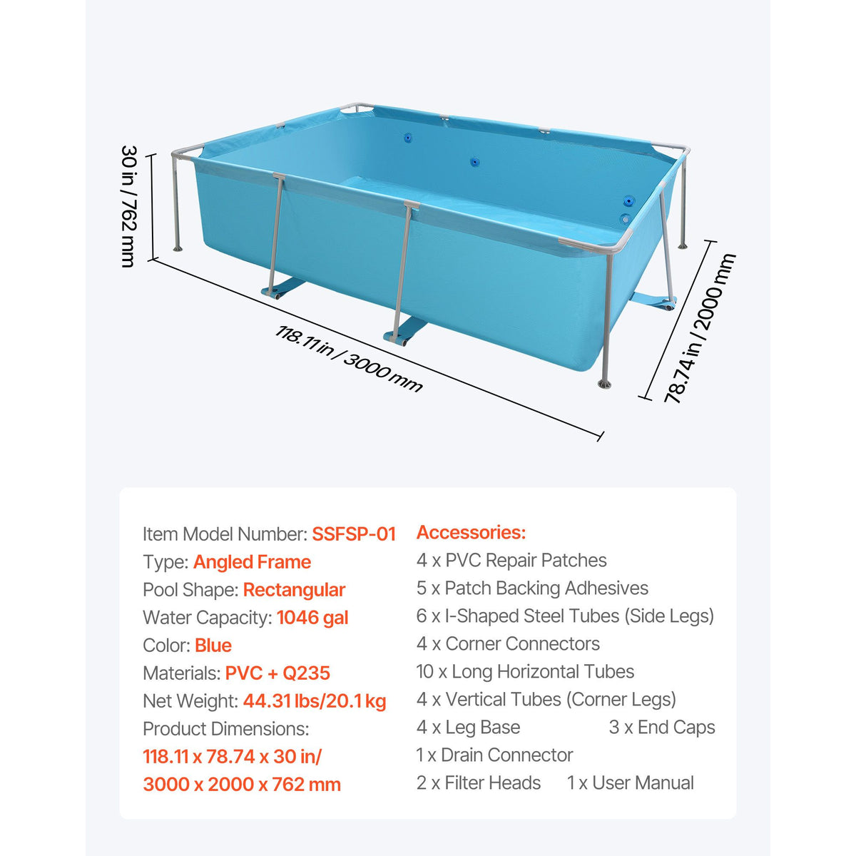 Frame Above Ground Swimming Pool, 3 x 2 x 0.762 m Rectangular Steel Metal Frame, Large Rectangle Outdoor Backyard Family Pool, Easy to Assemble Rust-Resistant, 3959.54 L Water Capacity, Blue