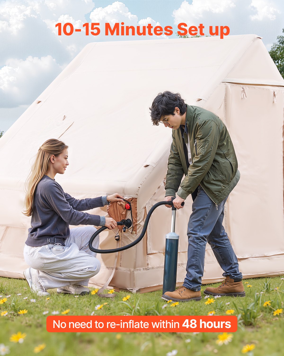 Tents: VEVOR Inflatable Tents for Camping, 3-5 Person Easy Setup Blow up Tent with Hand Pump, 300D Oxford 4 Season Glamping Tent with Canopy, Stove Jack, 2 Doors & 2 Mesh Windows (Storage Bag Included)