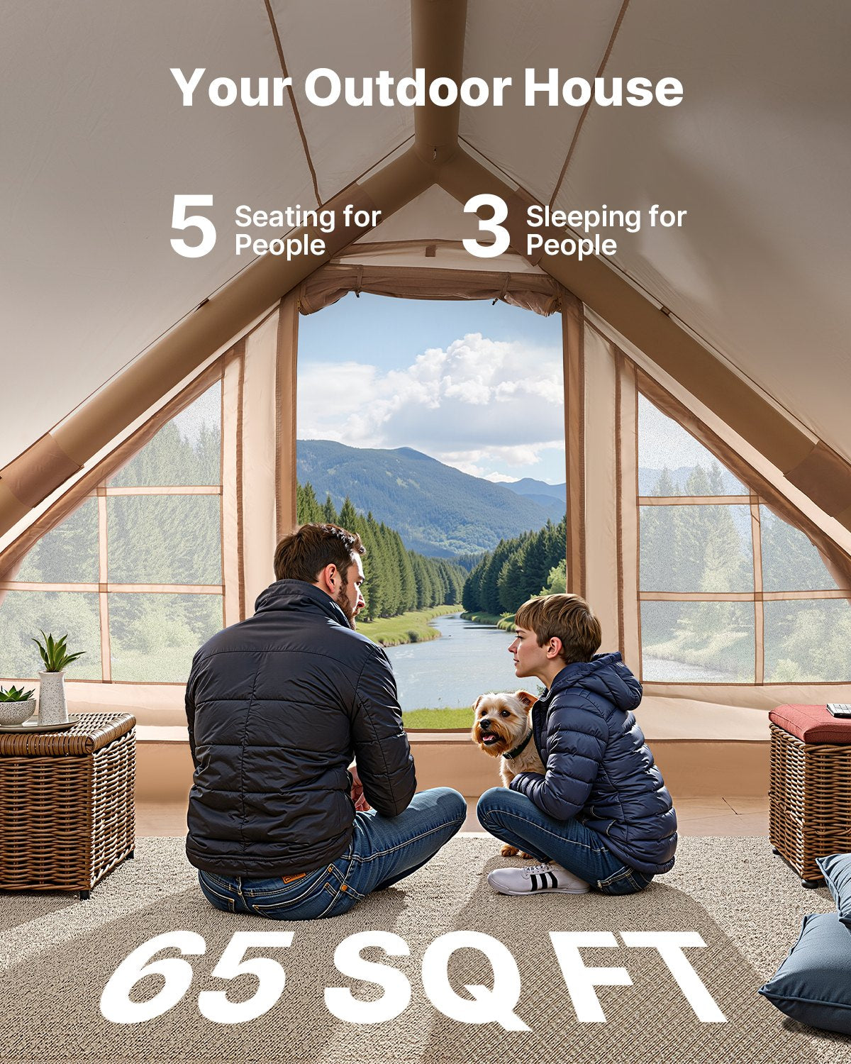 Tents: VEVOR Inflatable Tents for Camping, 3-5 Person Easy Setup Blow up Tent with Hand Pump, 300D Oxford 4 Season Glamping Tent with Canopy, Stove Jack, 2 Doors & 2 Mesh Windows (Storage Bag Included)