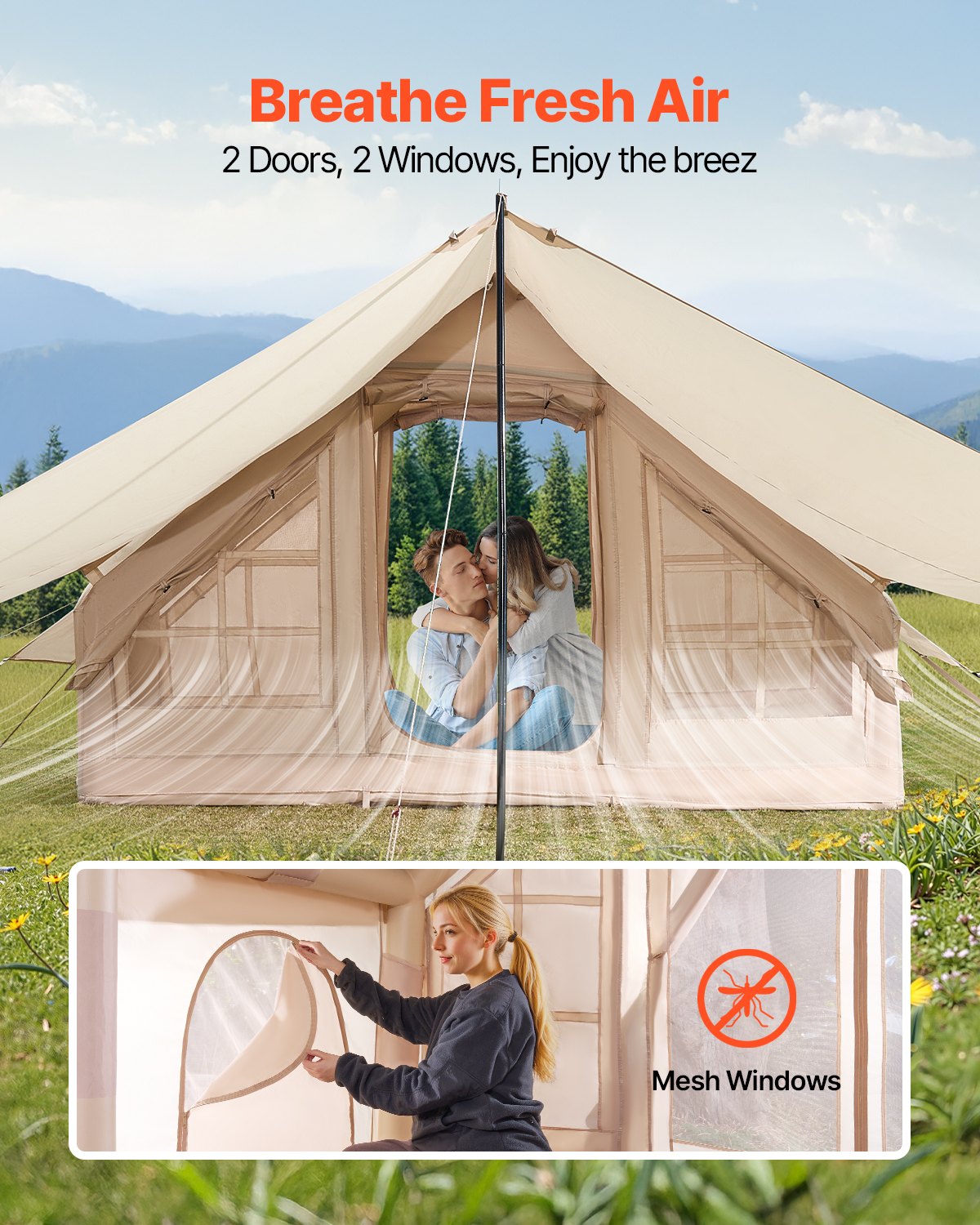 Tents: VEVOR Inflatable Tents for Camping, 3-5 Person Easy Setup Blow up Tent with Hand Pump, 300D Oxford 4 Season Glamping Tent with Canopy, Stove Jack, 2 Doors & 2 Mesh Windows (Storage Bag Included)