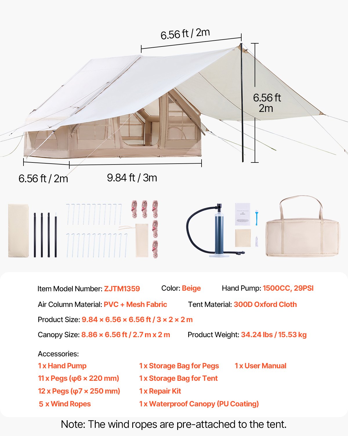 Tents: VEVOR Inflatable Tents for Camping, 3-5 Person Easy Setup Blow up Tent with Hand Pump, 300D Oxford 4 Season Glamping Tent with Canopy, Stove Jack, 2 Doors & 2 Mesh Windows (Storage Bag Included)