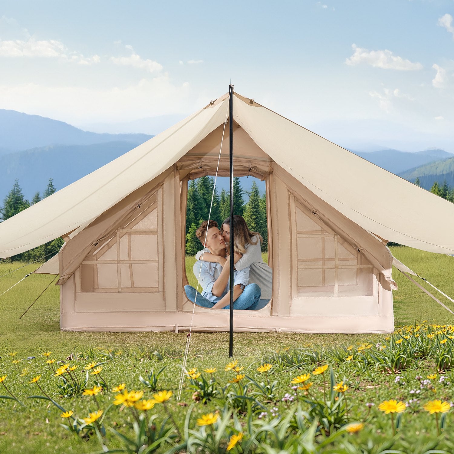Tents: VEVOR Inflatable Tents for Camping, 3-5 Person Easy Setup Blow up Tent with Hand Pump, 300D Oxford 4 Season Glamping Tent with Canopy, Stove Jack, 2 Doors & 2 Mesh Windows (Storage Bag Included)