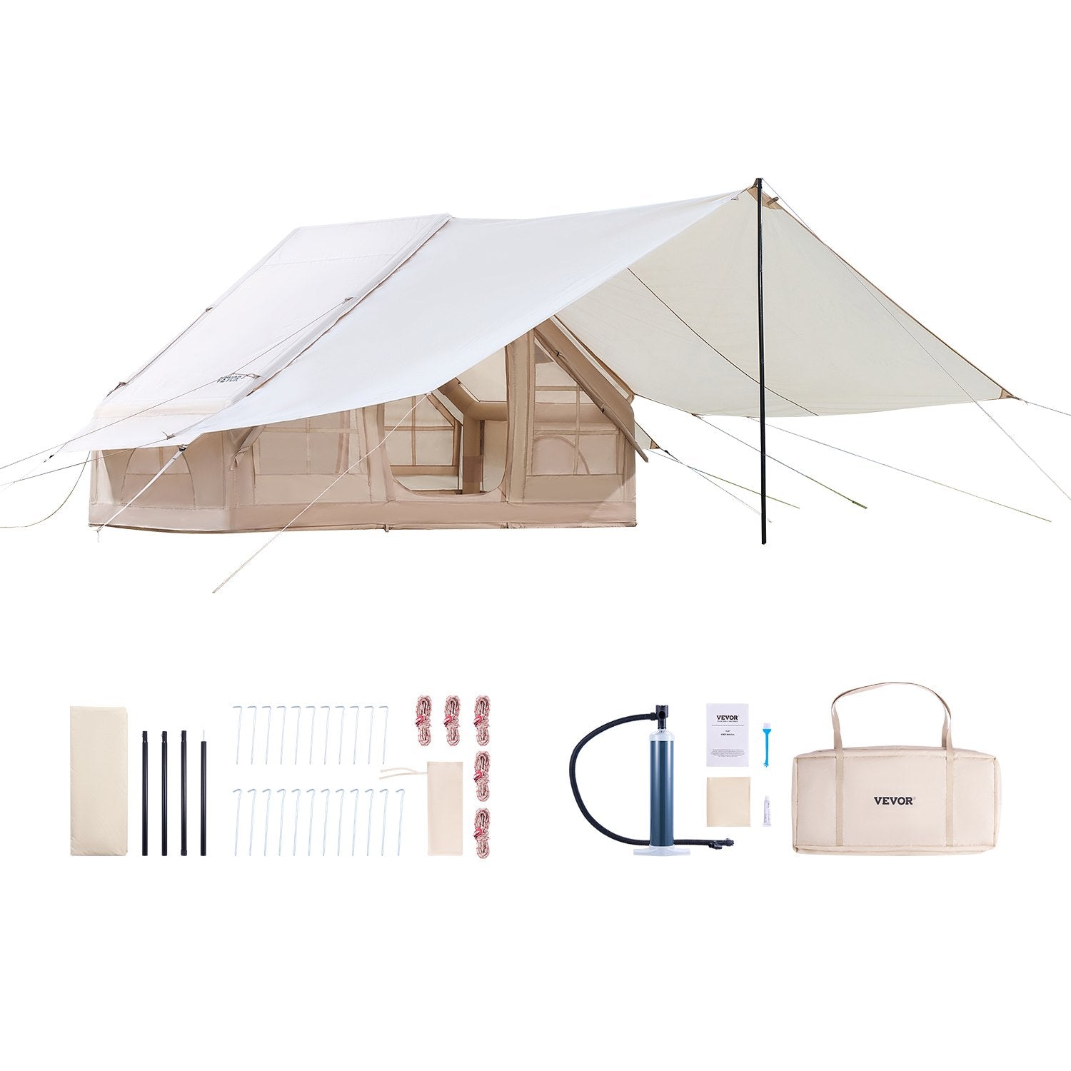Tents: VEVOR Inflatable Tents for Camping, 3-5 Person Easy Setup Blow up Tent with Hand Pump, 300D Oxford 4 Season Glamping Tent with Canopy, Stove Jack, 2 Doors & 2 Mesh Windows (Storage Bag Included)