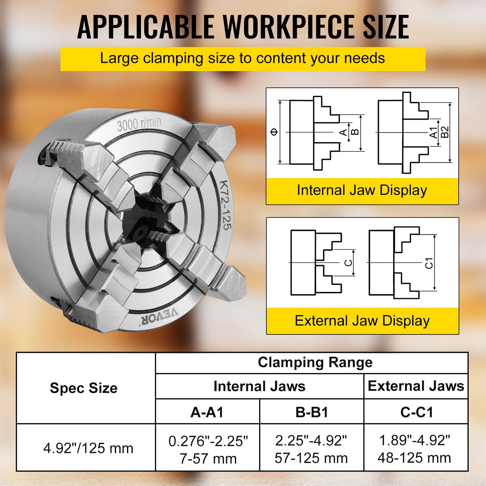 Drill & Screwdriver Accessories: VEVOR Metal Lathe Chuck 4-Jaw Independent 5 inch Cast Iron Milling Turning CNC