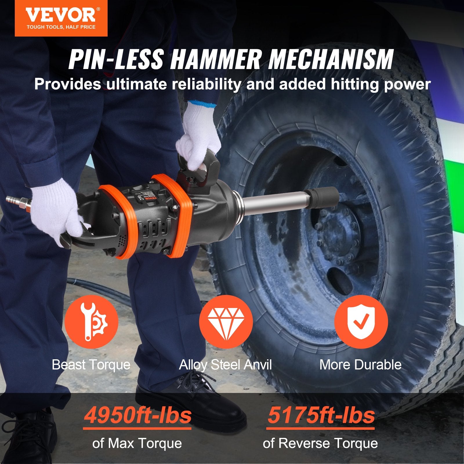 Hammers: VEVOR 1 Inch Air Impact Wrench, Up to 5175 ft-lbs Beast Reverse Torque Output Pneumatic Impact Gun w/ 8 Inch Extended Anvil for Repairs_nd_aintenance of Heavy Duty Machinery / Semi-Truck / Bus