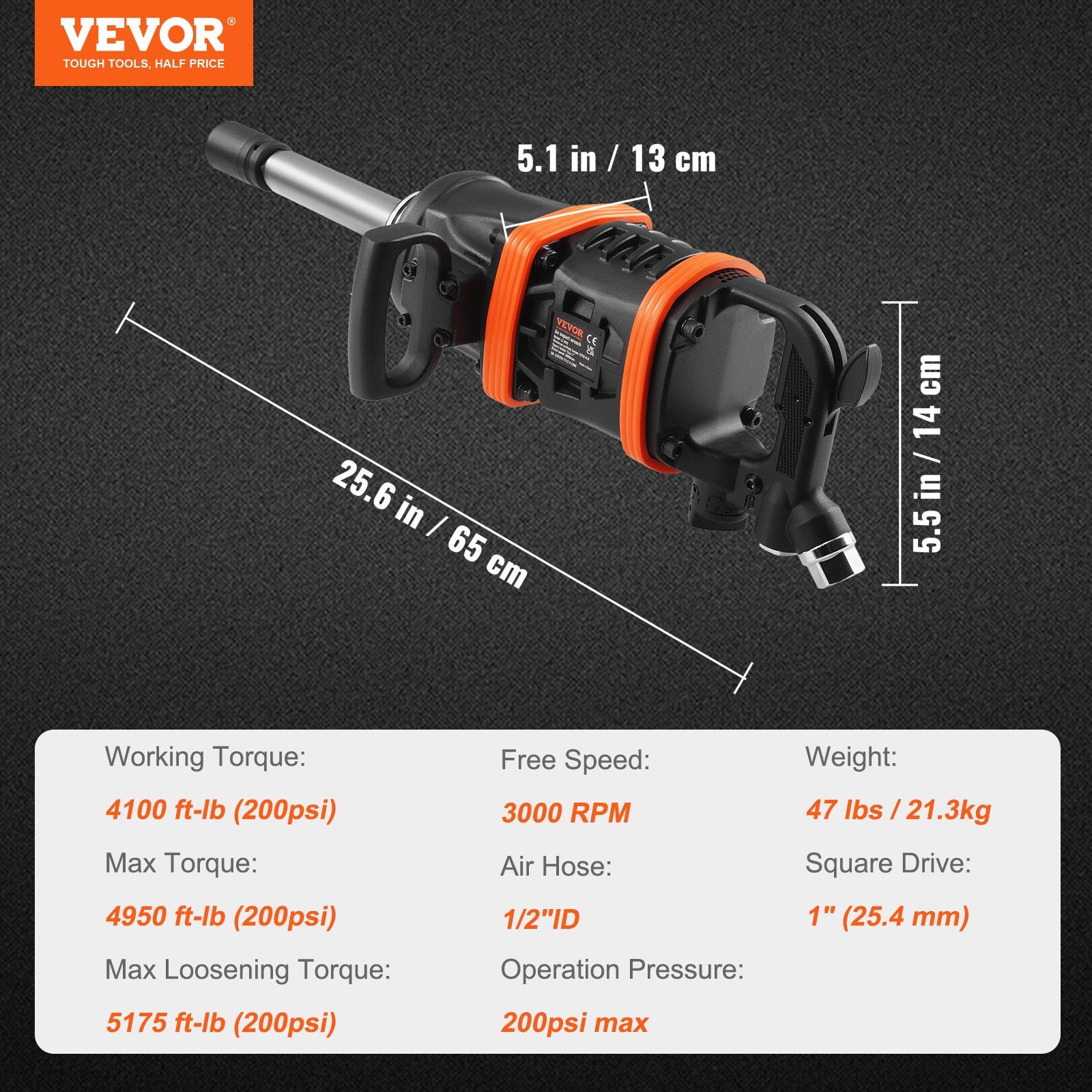 Hammers: VEVOR 1 Inch Air Impact Wrench, Up to 5175 ft-lbs Beast Reverse Torque Output Pneumatic Impact Gun w/ 8 Inch Extended Anvil for Repairs_nd_aintenance of Heavy Duty Machinery / Semi-Truck / Bus