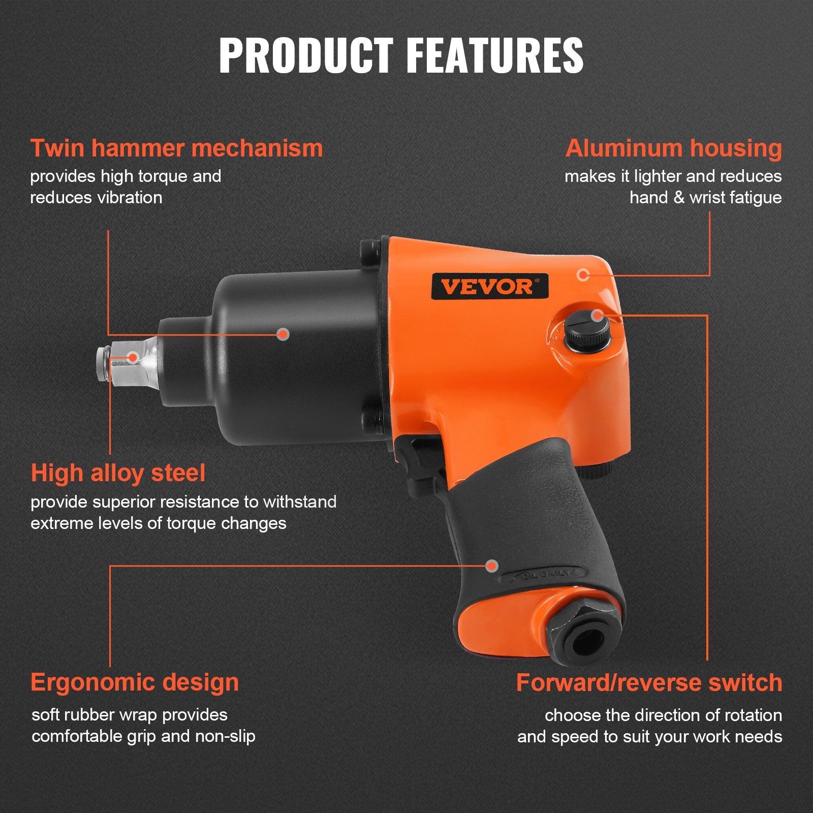 Automotive Repair & Speciality Tools: VEVOR Air Impact Wrench, 1/2" Drive Air Impact Gun Up to 880ft-lbs Nut-busting Torque, 7500RPM Lightweight Pneumatic Tool for Auto_epairs_nd_aintenance
