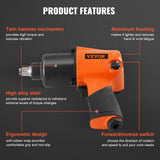 Automotive Repair & Speciality Tools: VEVOR Air Impact Wrench, 1/2" Drive Air Impact Gun Up to 880ft-lbs Nut-busting Torque, 7500RPM Lightweight Pneumatic Tool for Auto_epairs_nd_aintenance
