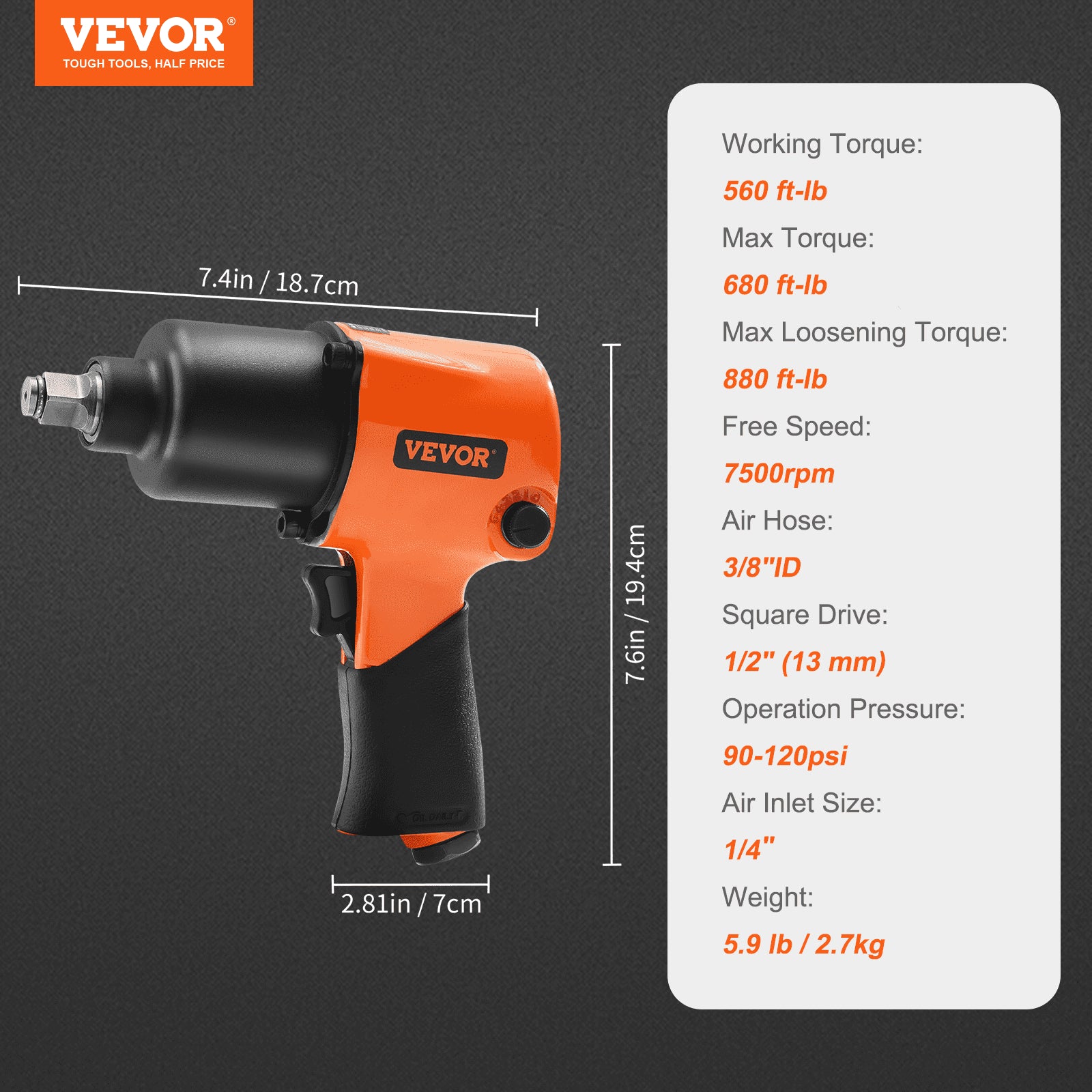 Automotive Repair & Speciality Tools: VEVOR Air Impact Wrench 1/2" Square Drive 880ft-lbs Nut-busting Torque 90-120PSI