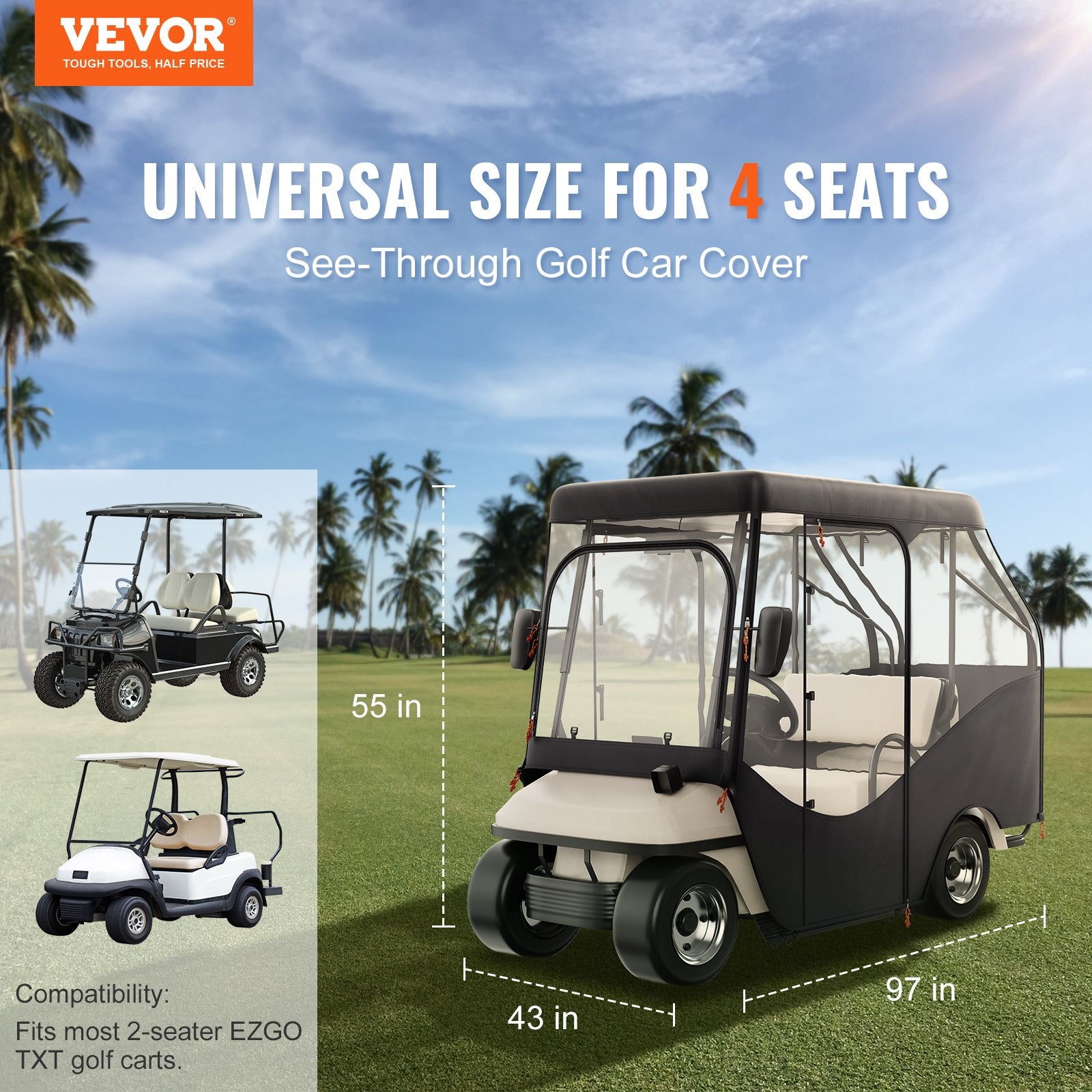 Golf Cart Enclosure, 420D Polyester Driving Enclosure with 4-Sided Transparent Windows, 4 Passenger Club Car Covers Universal Fits for Most Brand Carts, Sunproof and Dustproof Outdoor Cart Cover