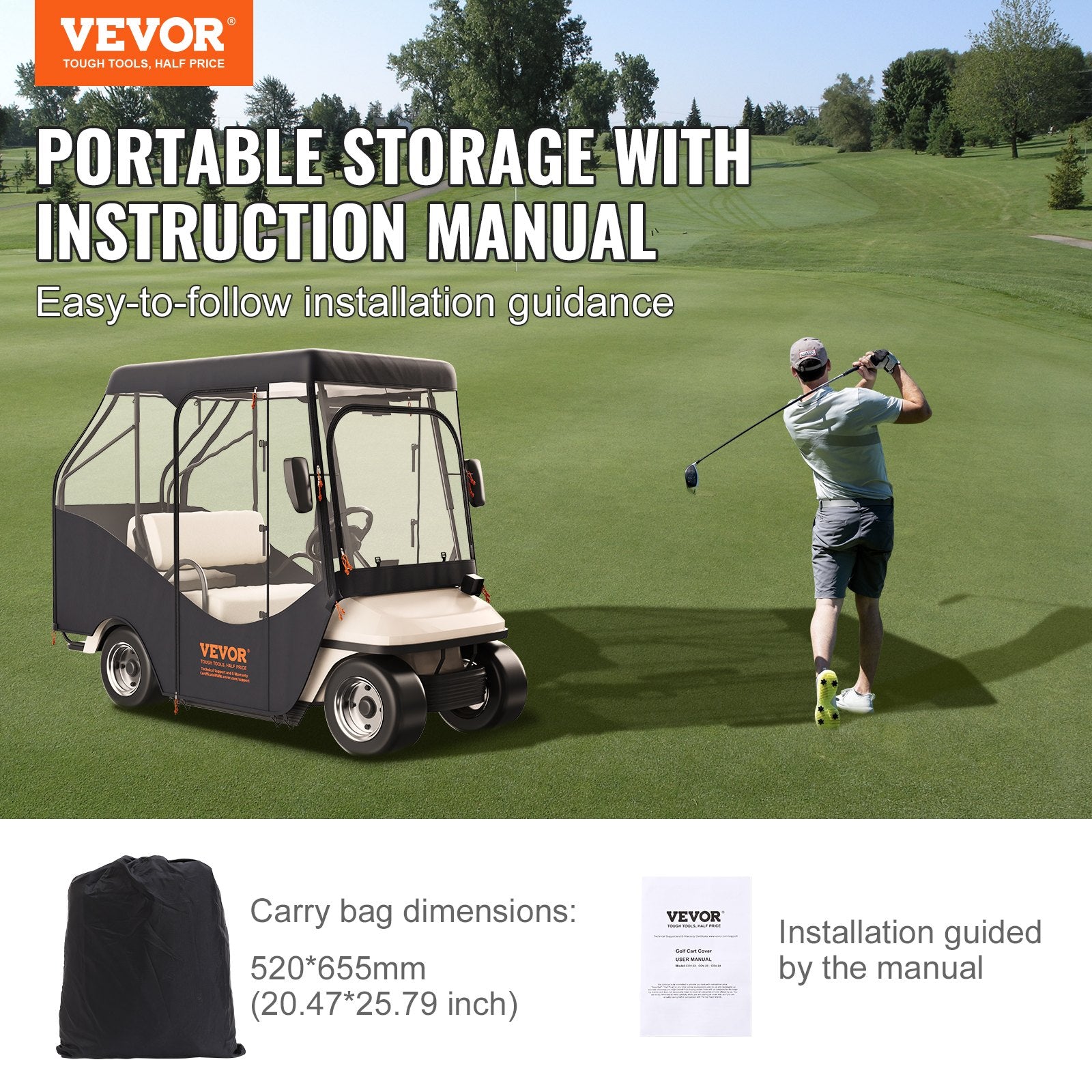 Golf Cart Enclosure, 420D Polyester Driving Enclosure with 4-Sided Transparent Windows, 4 Passenger Club Car Covers Universal Fits for Most Brand Carts, Sunproof and Dustproof Outdoor Cart Cover