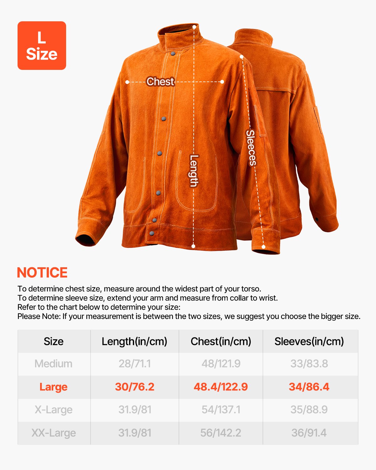 Women's Jackets & Coats: VEVOR Flame-Resistant Welding Jacket Heavy Duty Leather Welding Jacket L Size