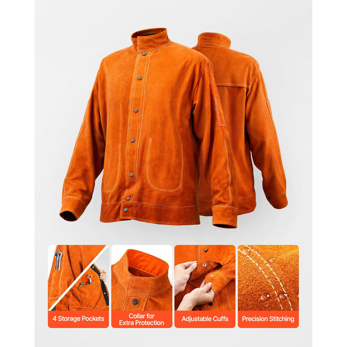 Flame-Resistant Welding Jacket - M Size, Heavy Duty Cowhide Leather Welding Jacket, Waterproof Heat-Resistant Safety Jacket with Snap Buttons, 4 Pockets & Adjustable Cuffs for Welders Steelworks