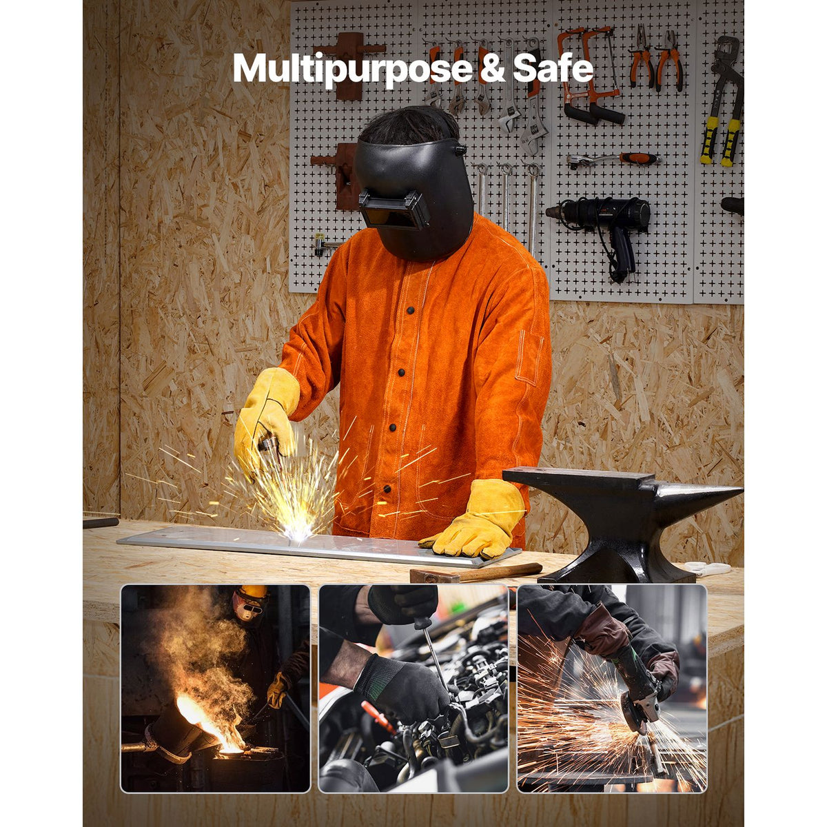 Flame-Resistant Welding Jacket - M Size, Heavy Duty Cowhide Leather Welding Jacket, Waterproof Heat-Resistant Safety Jacket with Snap Buttons, 4 Pockets & Adjustable Cuffs for Welders Steelworks