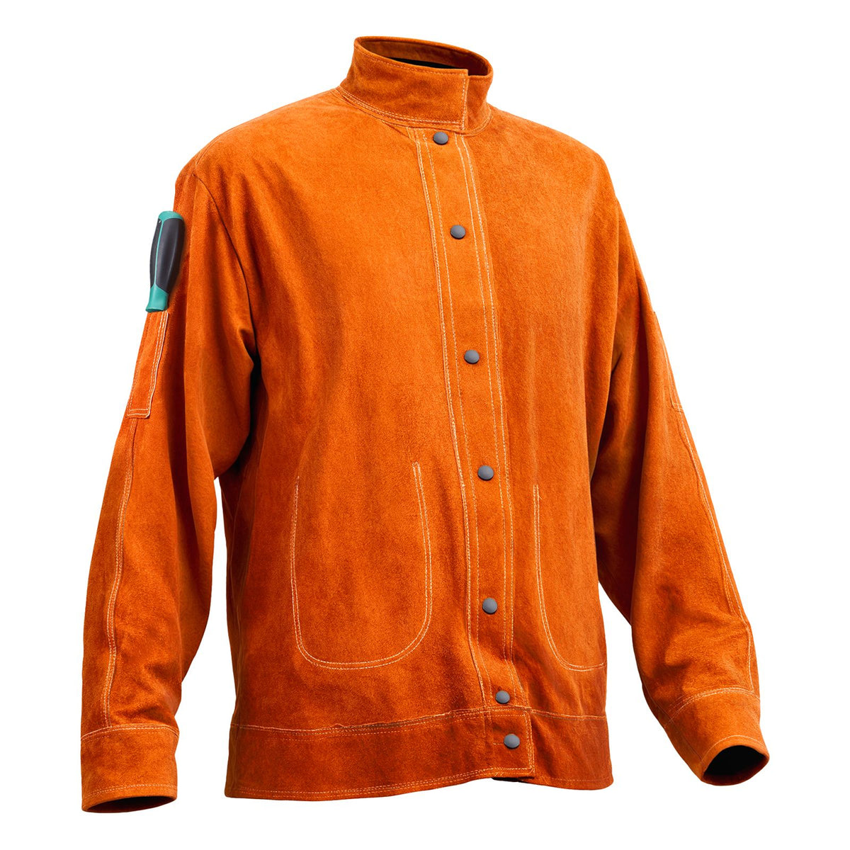 Flame-Resistant Welding Jacket - M Size, Heavy Duty Cowhide Leather Welding Jacket, Waterproof Heat-Resistant Safety Jacket with Snap Buttons, 4 Pockets & Adjustable Cuffs for Welders Steelworks
