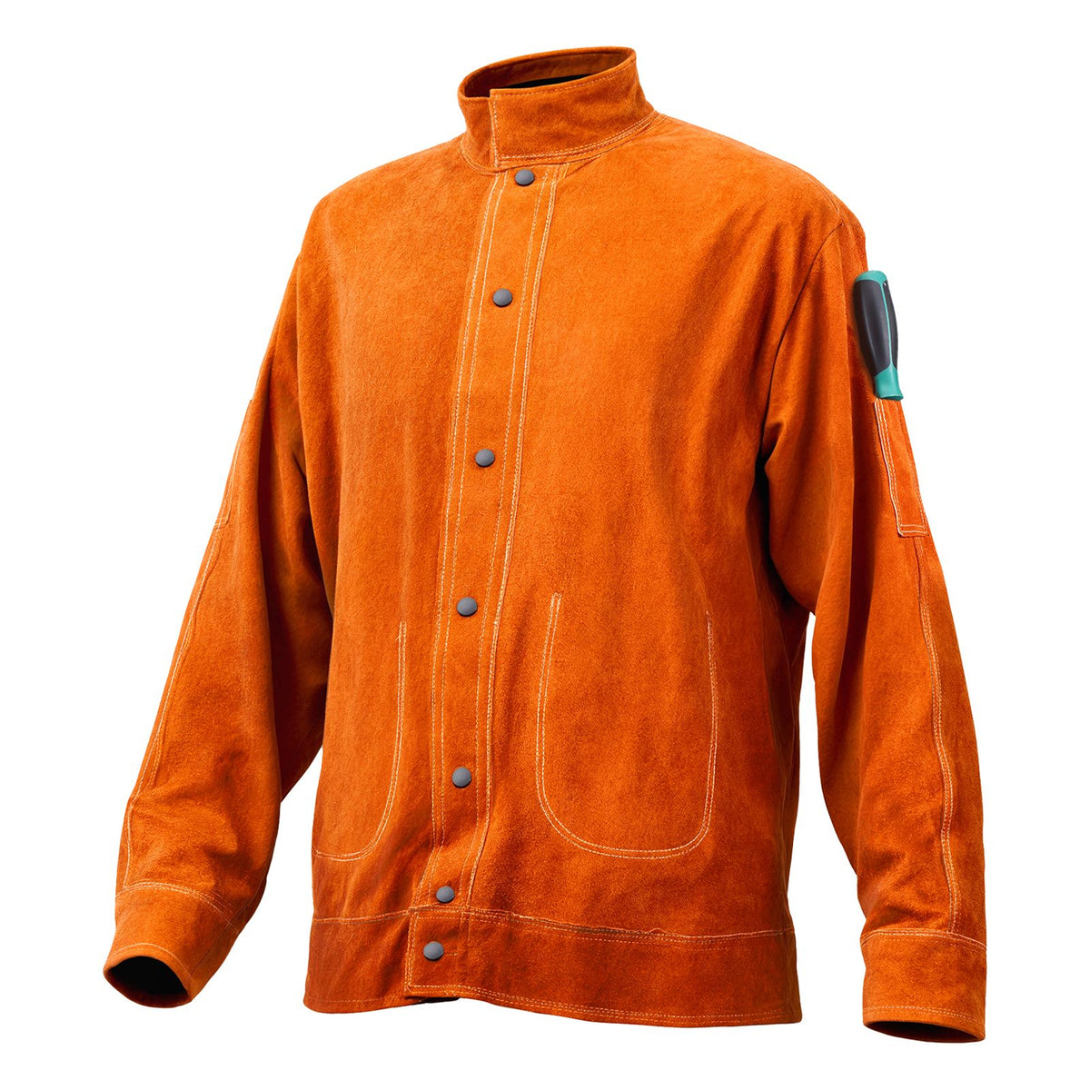 Flame-Resistant Welding Jacket - M Size, Heavy Duty Cowhide Leather Welding Jacket, Waterproof Heat-Resistant Safety Jacket with Snap Buttons, 4 Pockets & Adjustable Cuffs for Welders Steelworks