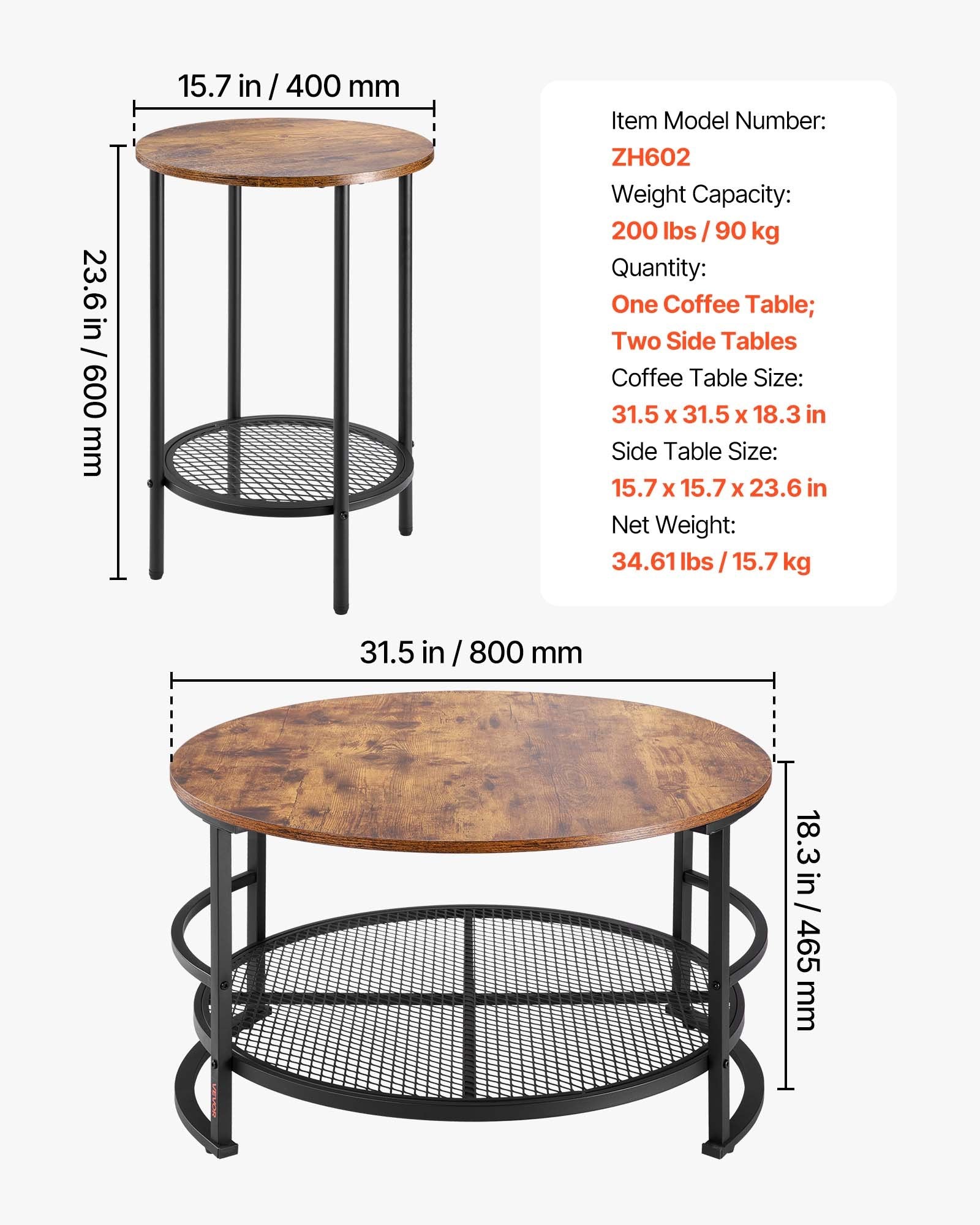 Room Dividers: VEVOR 3 Pieces Round Coffee Table Set 80 cm with 2 End Tables for Living Room