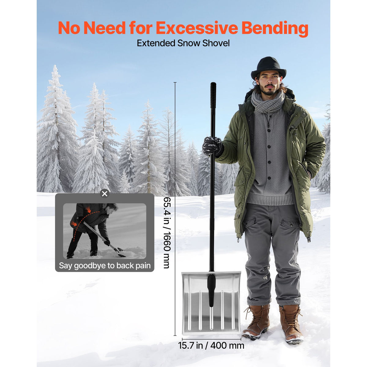 Snow Shovel for Driveway, 40cm Wide Aluminum Alloy Snow Shovel, Non Slip Grip, Large Capacity Snowplow Shovels, Detachable & Lightweight Snows Removal Tool for Garden Car Camping Outdoors