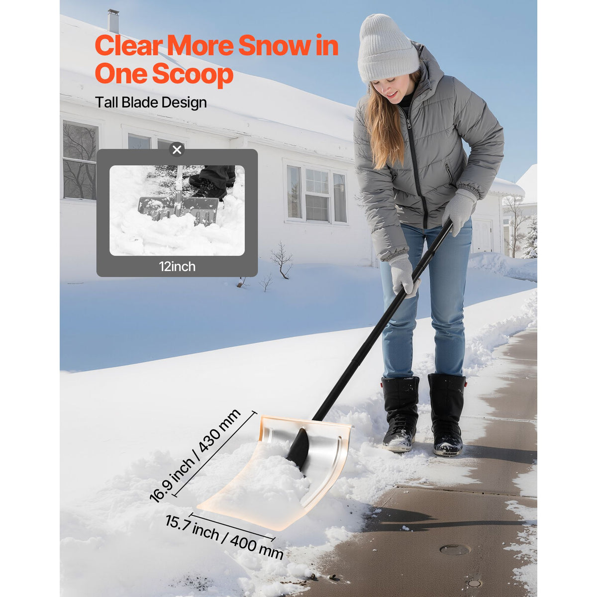 Snow Shovel for Driveway, 40cm Wide Aluminum Alloy Snow Shovel, Non Slip Grip, Large Capacity Snowplow Shovels, Detachable & Lightweight Snows Removal Tool for Garden Car Camping Outdoors