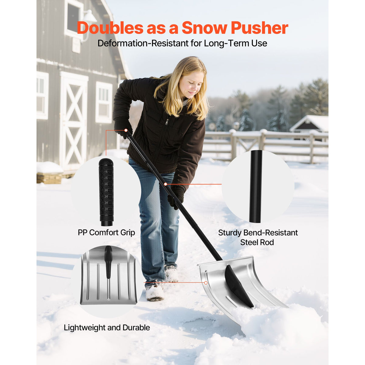 Snow Shovel for Driveway, 40cm Wide Aluminum Alloy Snow Shovel, Non Slip Grip, Large Capacity Snowplow Shovels, Detachable & Lightweight Snows Removal Tool for Garden Car Camping Outdoors